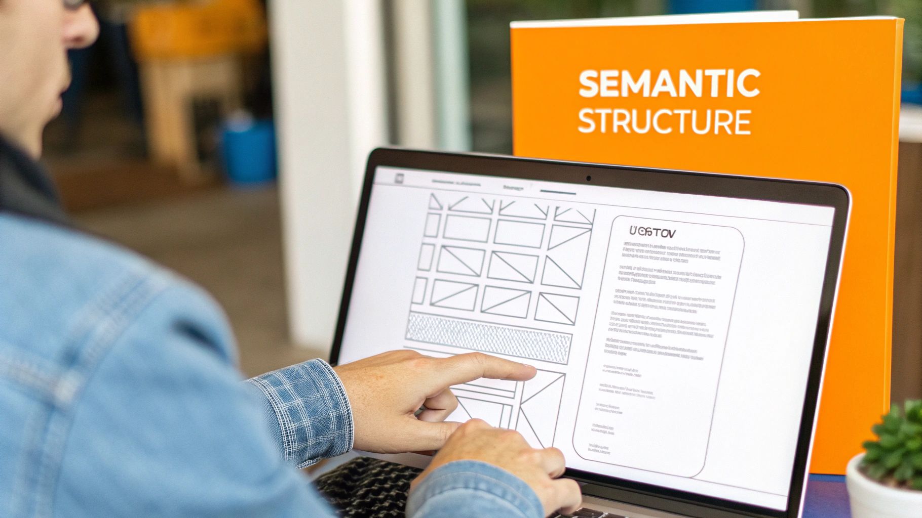 Person pointing at a website wireframe on a laptop, with an orange 'Semantic Structure' binder.