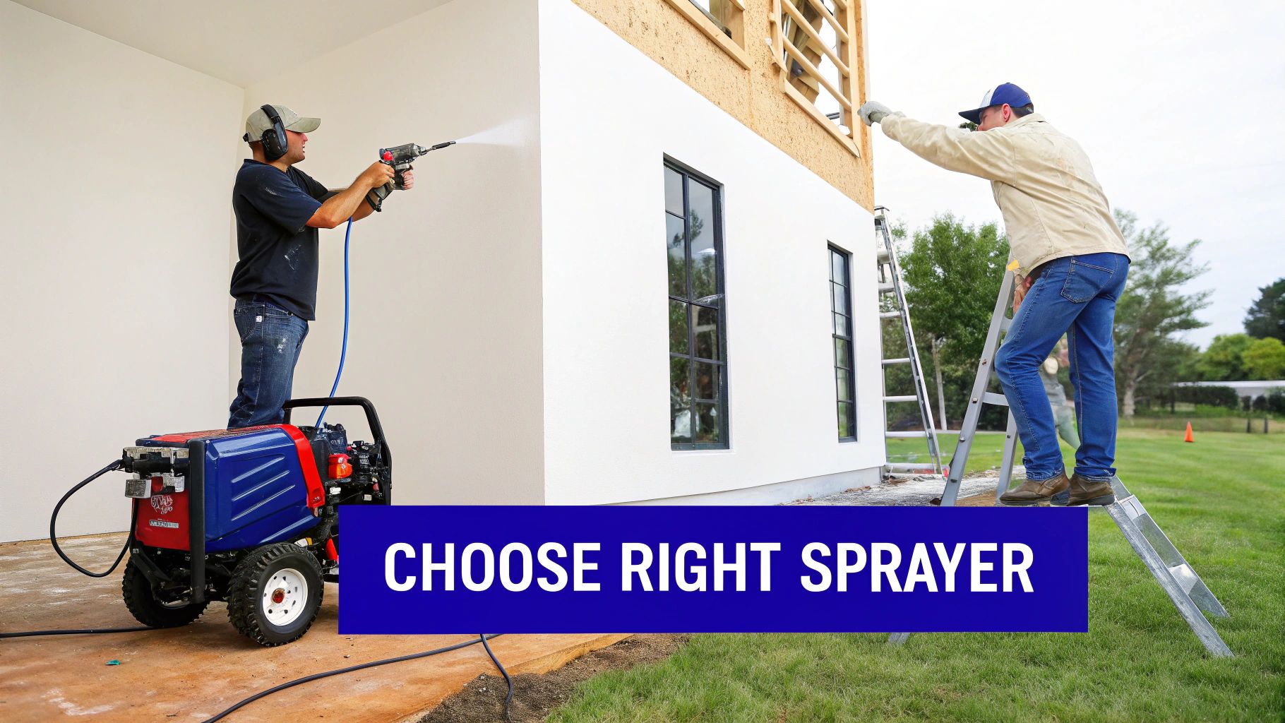 Two workers painting a house exterior with a powerful paint sprayer, one worker on a ladder.