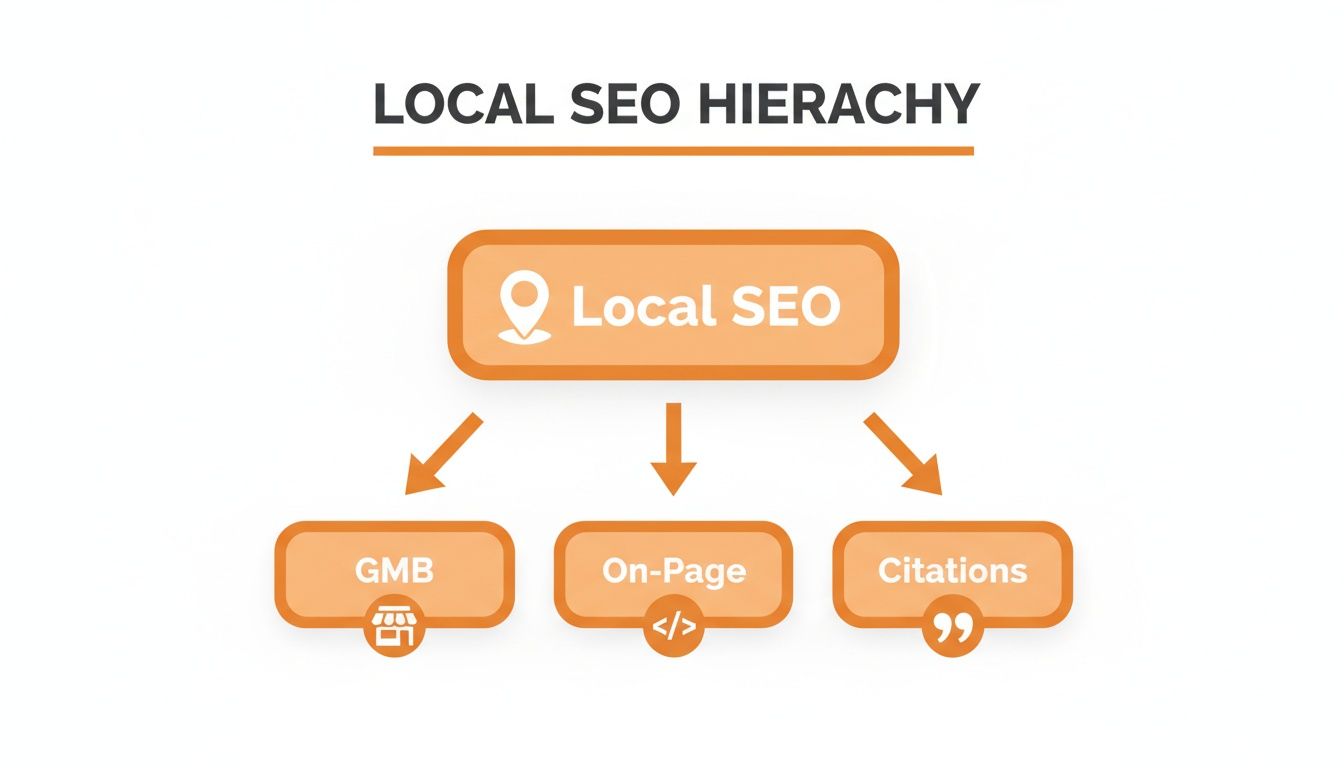 A diagram illustrating the local SEO hierarchy, detailing Google My Business, On-Page, and Citations.