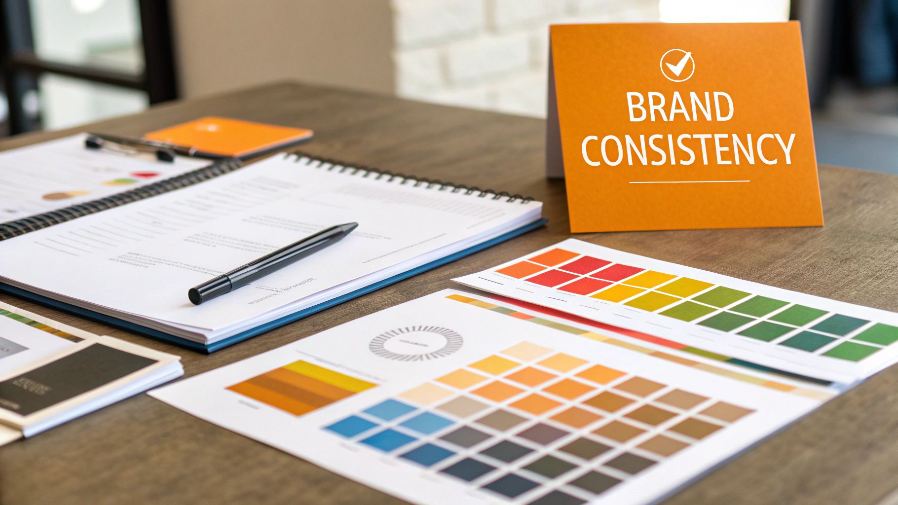 A desk with a 'Brand Consistency' sign, open notebooks, and color palettes for design work.
