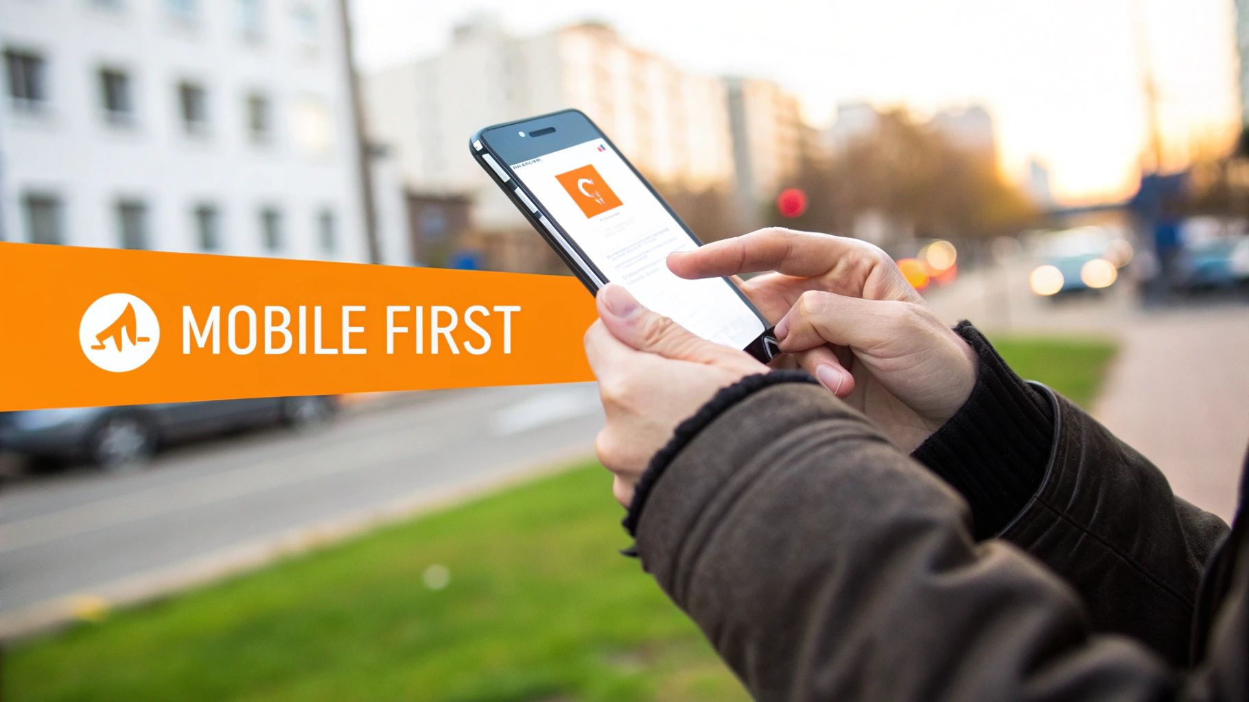 A person holds a smartphone outdoors, with an orange 'MOBILE FIRST' banner highlighting responsive design.