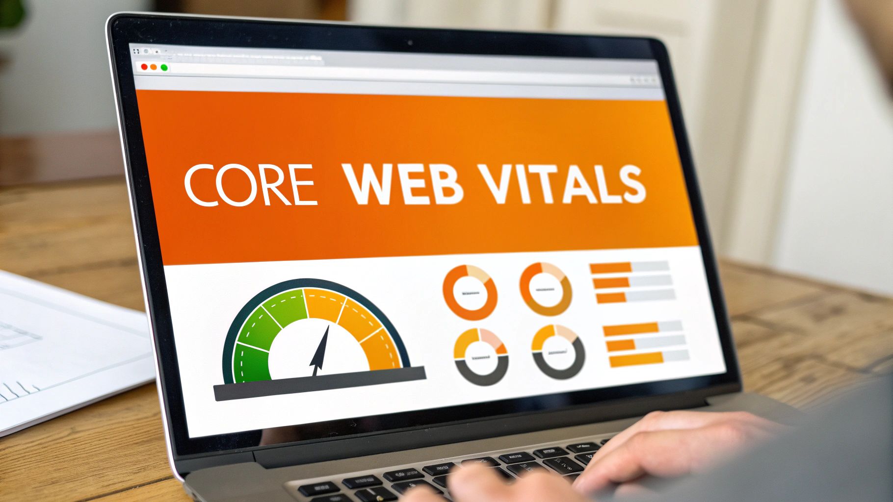 Hands type on a laptop showing 'Core Web Vitals' website performance dashboard with graphs.