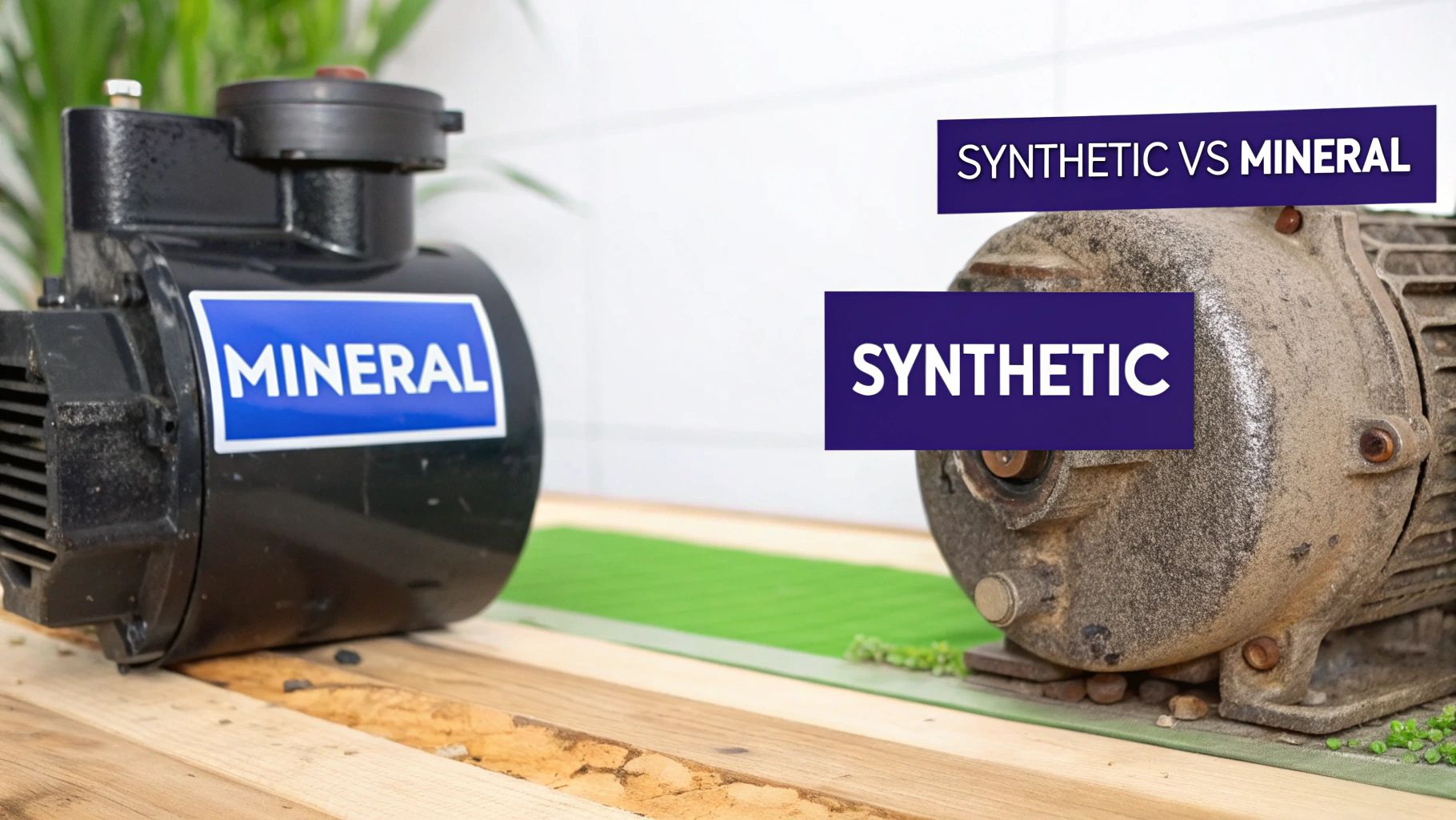 Two industrial machines, one marked 'MINERAL' and another 'SYNTHETIC', illustrating synthetic versus mineral lubricants.