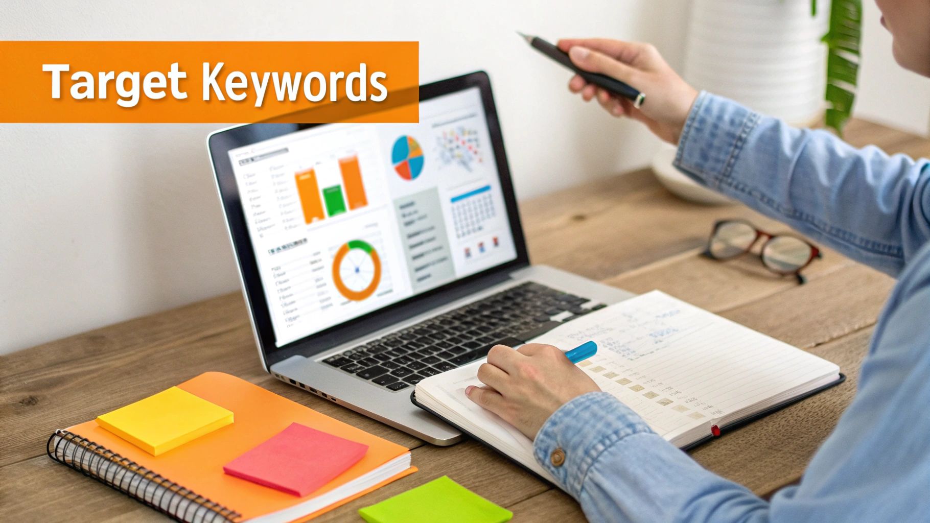 Person analyzing data on a laptop and writing notes for keyword research to increase organic traffic.
