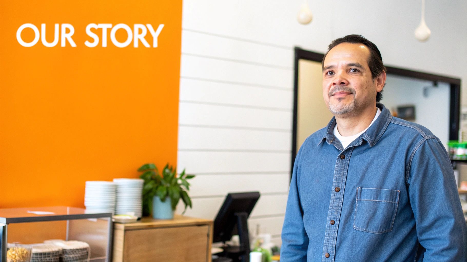 A man in a denim shirt stands smiling in a modern cafe with an orange wall that reads "OUR STORY".