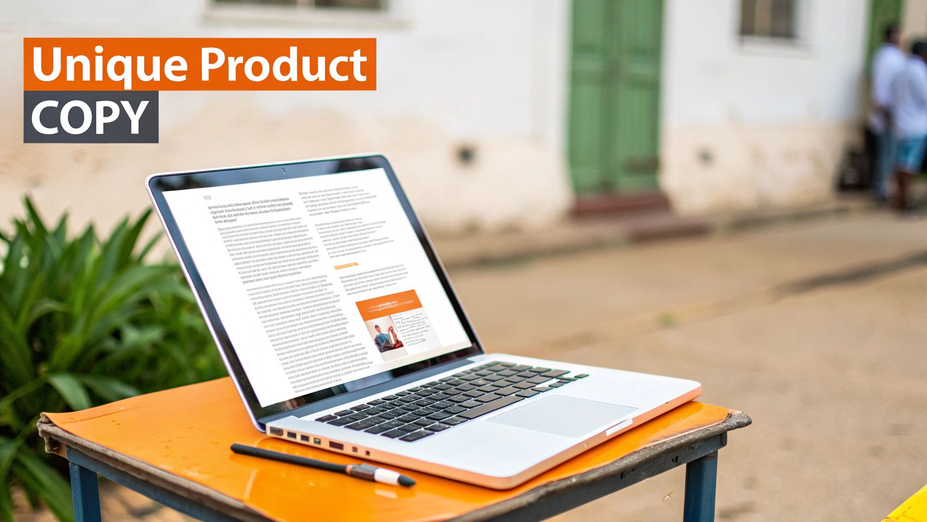 A laptop displaying a document with text and images, placed on an orange table outdoors with 'Unique Product COPY' overlay.