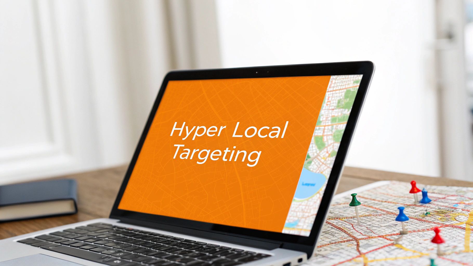 A laptop screen displays 'Hyper Local Targeting' next to a physical map with colorful pushpins, signifying location-based strategies.