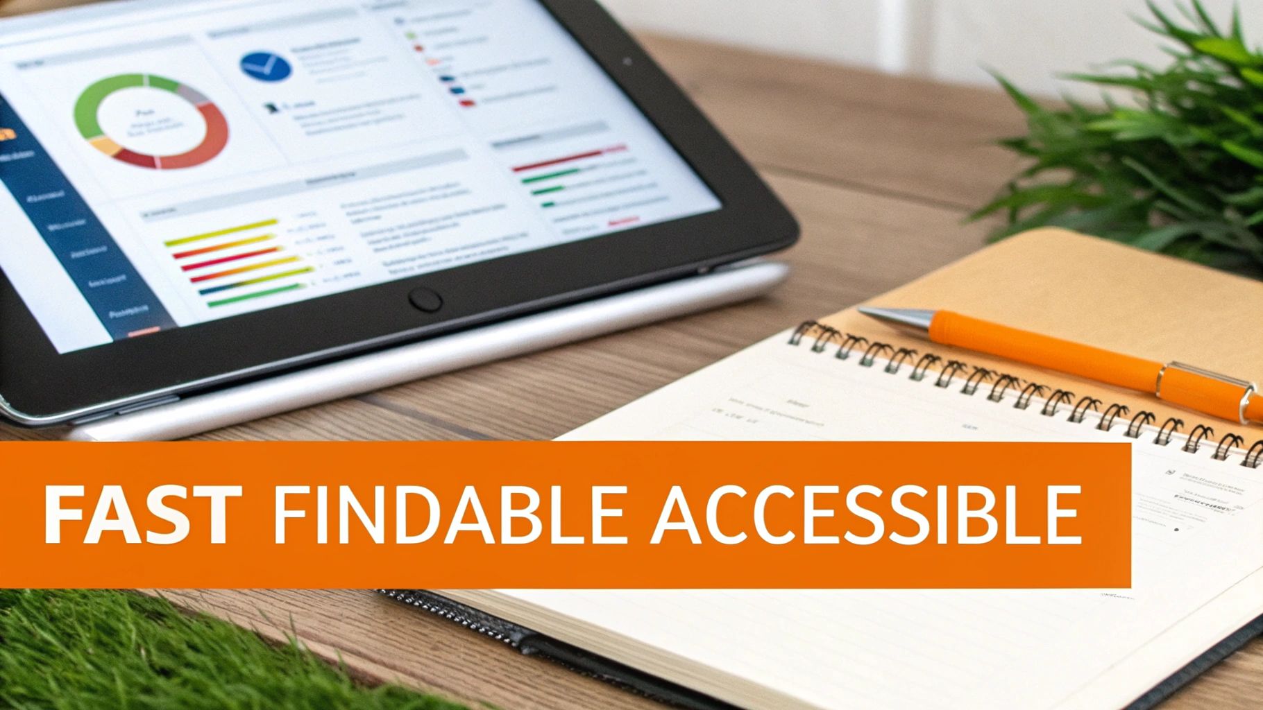 Tablet displaying data analytics, a notebook, and pen on a desk with a banner reading 'FAST FINDABLE ACCESSIBLE'.