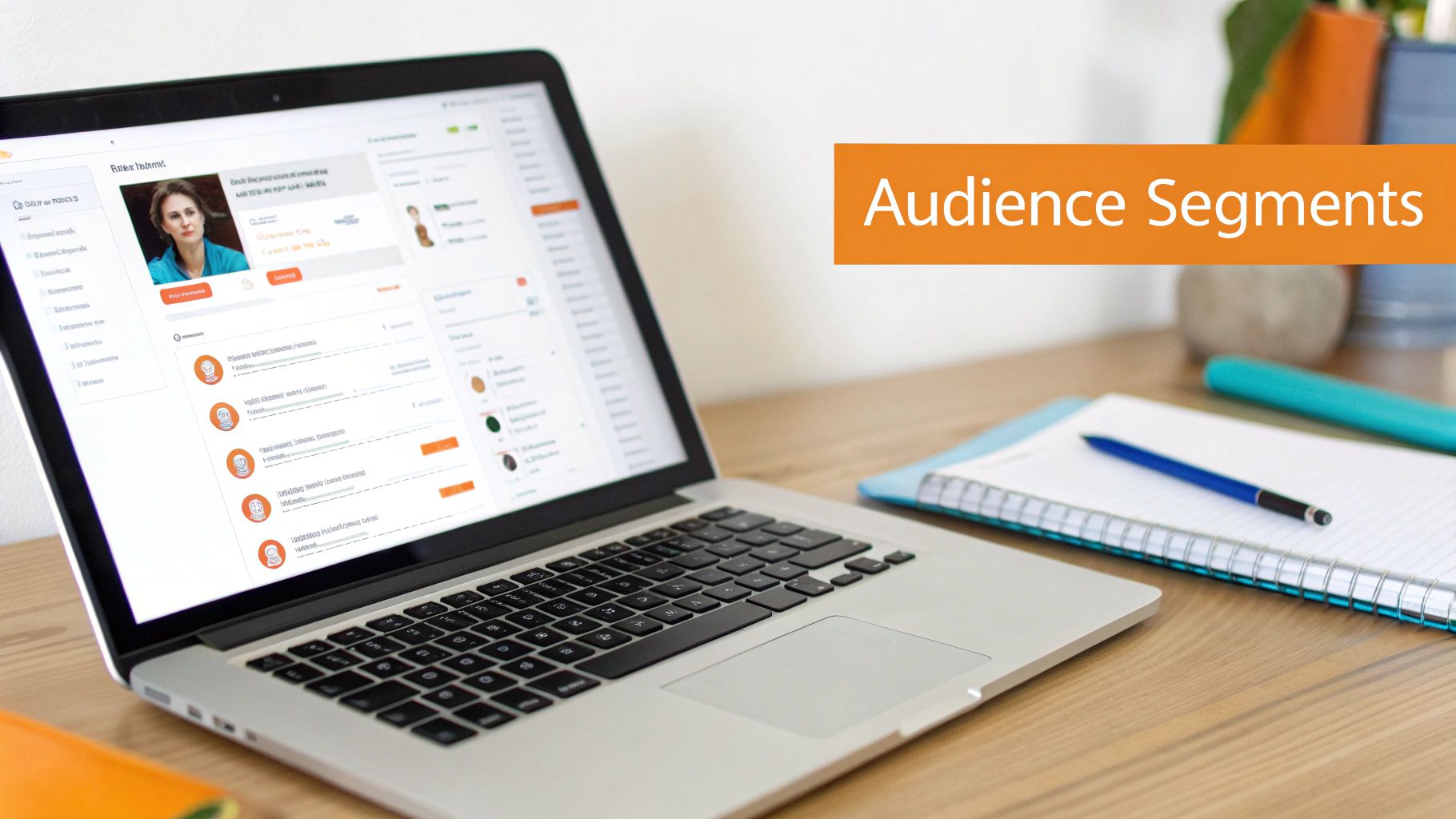 A laptop screen displays user data and a profile, with an 'Audience Segments' banner next to it on a desk.