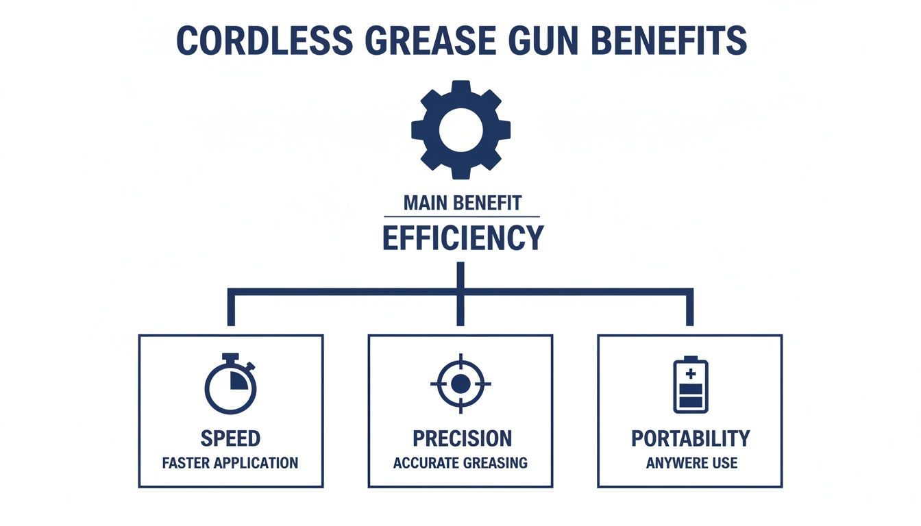 An infographic displaying the benefits of cordless grease guns: efficiency, speed, precision, and portability.