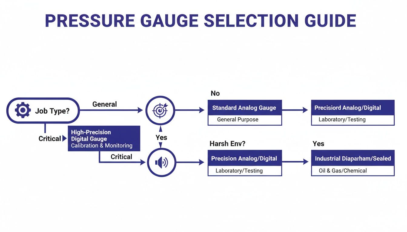 A comprehensive flowchart outlining the selection process for pressure gauges based on application and environment.