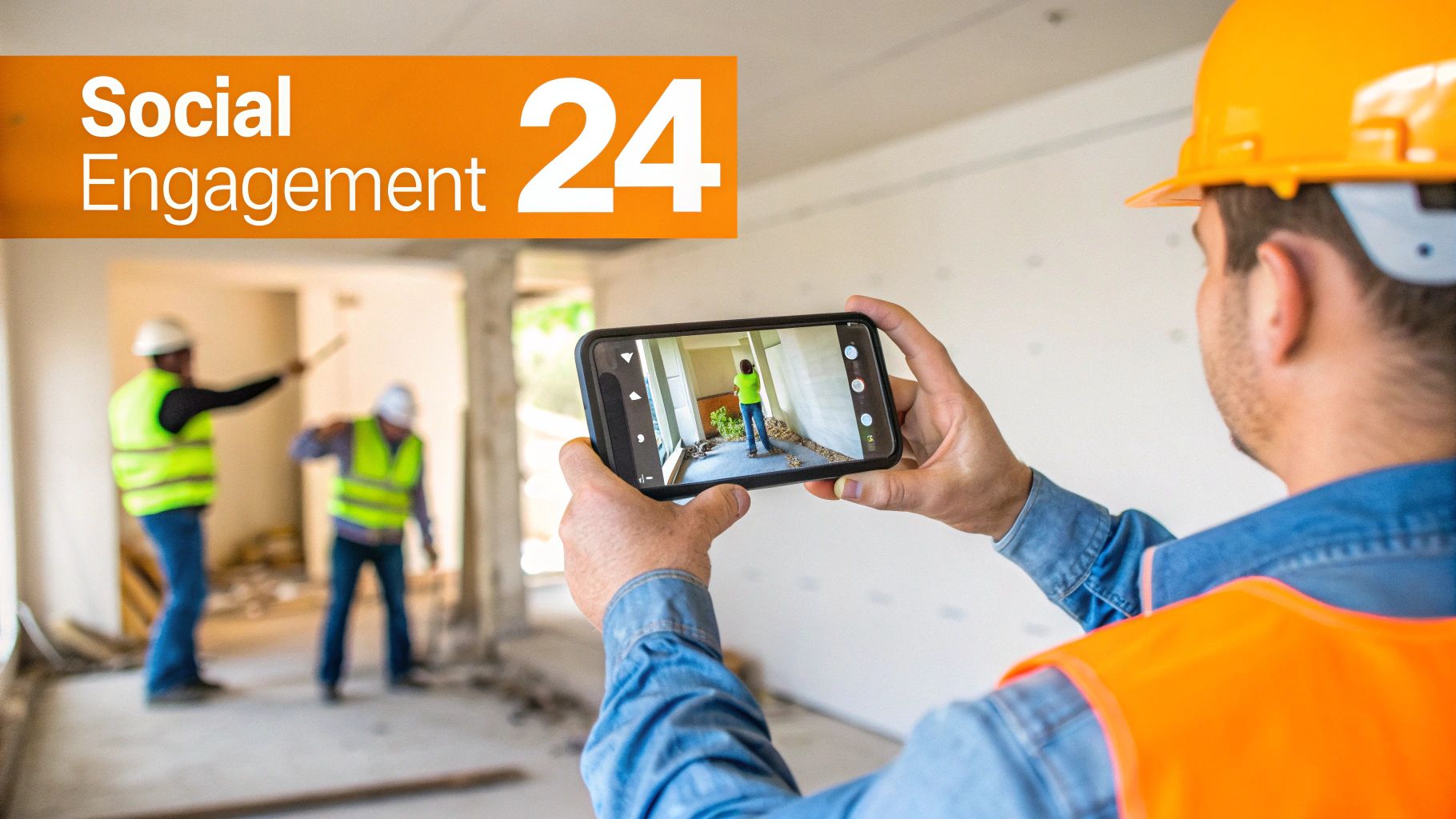 Construction worker captures photos of a building site with a smartphone for social engagement.