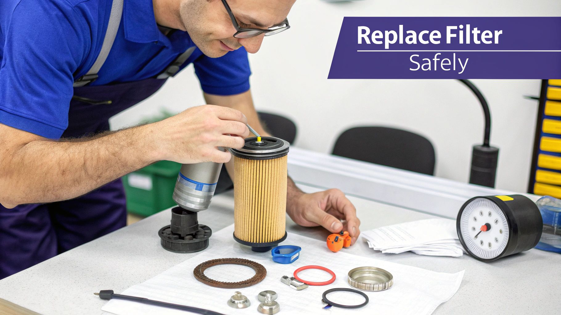 A man in blue workwear carefully assembles an air filter for a compressor, surrounded by components and tools.