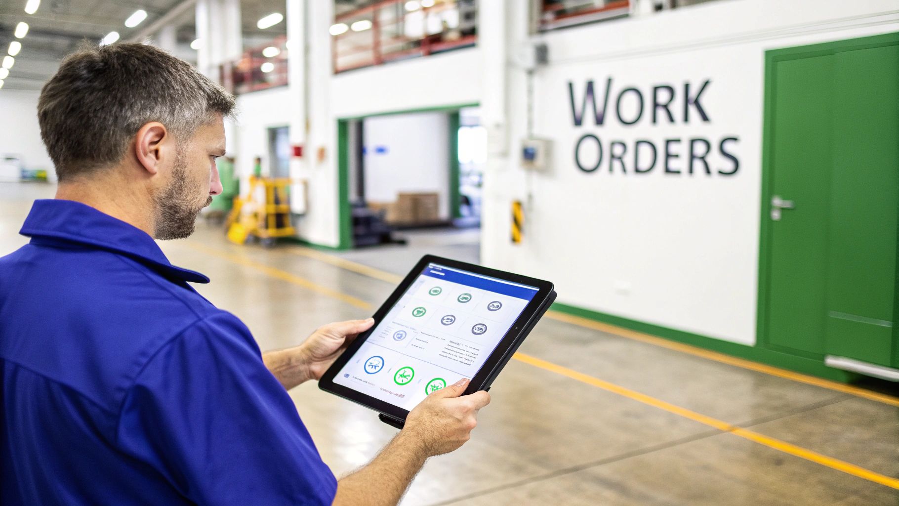 Worker in a blue shirt reviewing digital work orders on a tablet in an industrial facility.