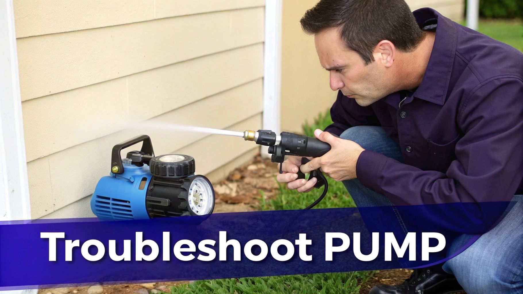 A man troubleshooting a blue pressure washer pump, holding a spray gun with water spraying out.