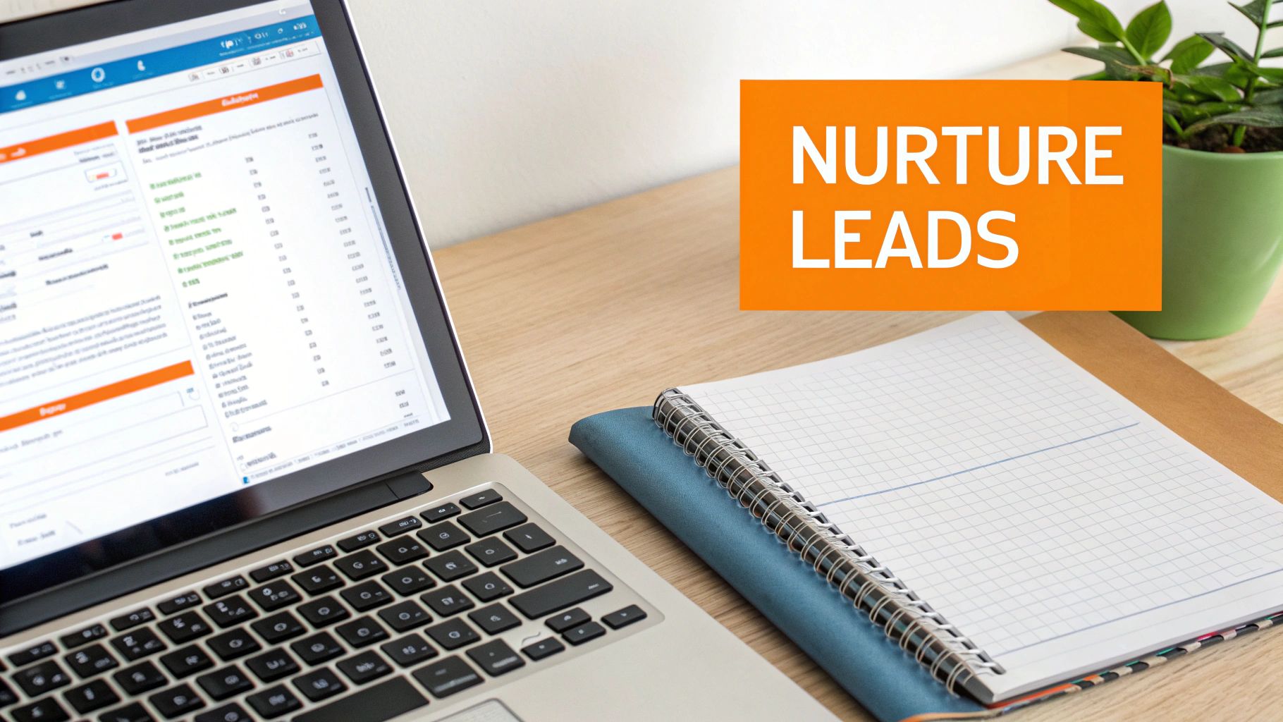 A laptop, notebook, and plant on a wooden desk with an orange sign displaying 'NURTURE LEADS'.