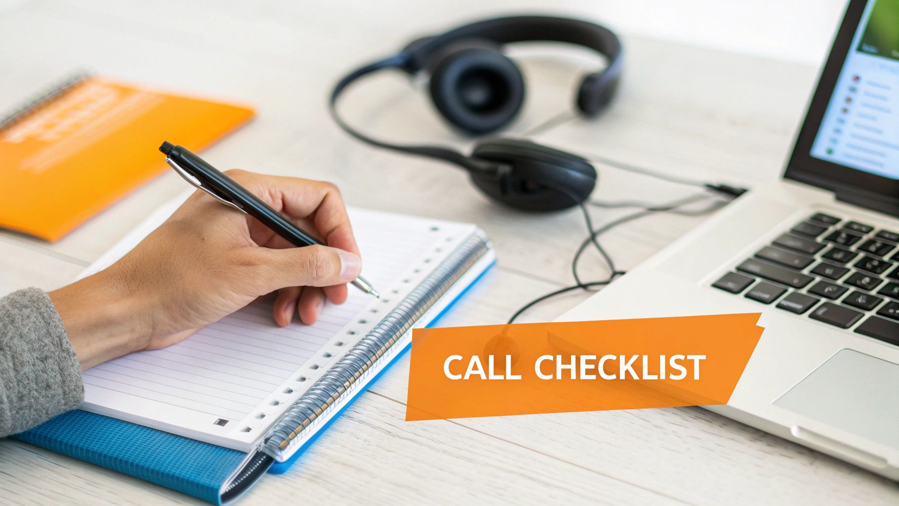 A person writes notes in a spiral notebook, with a laptop and headphones on a desk, next to a 'CALL CHECKLIST' banner.