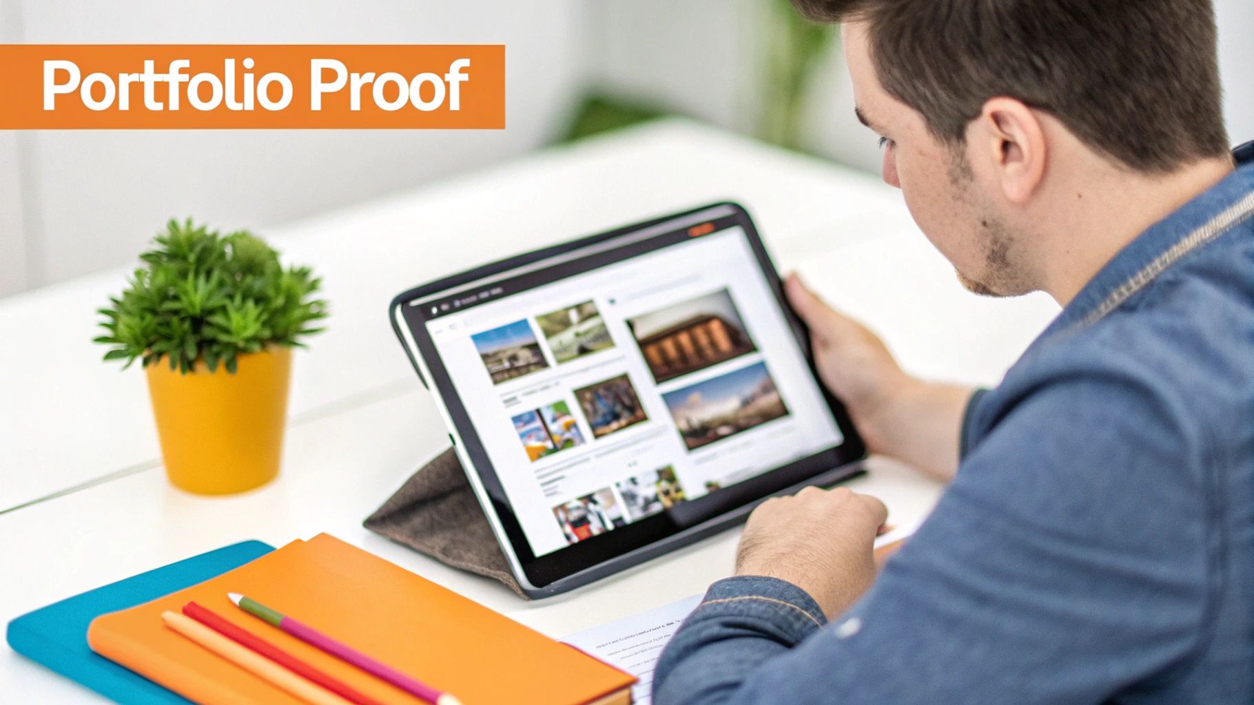 A person reviews a digital portfolio on a tablet, with a potted plant and notebooks on a white desk.