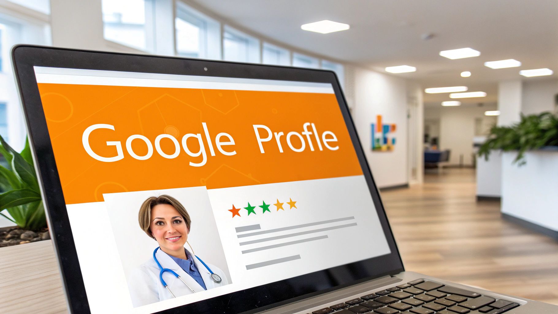 Laptop displays a Google Profile for a doctor with a 4.5-star rating, in a bright clinic.
