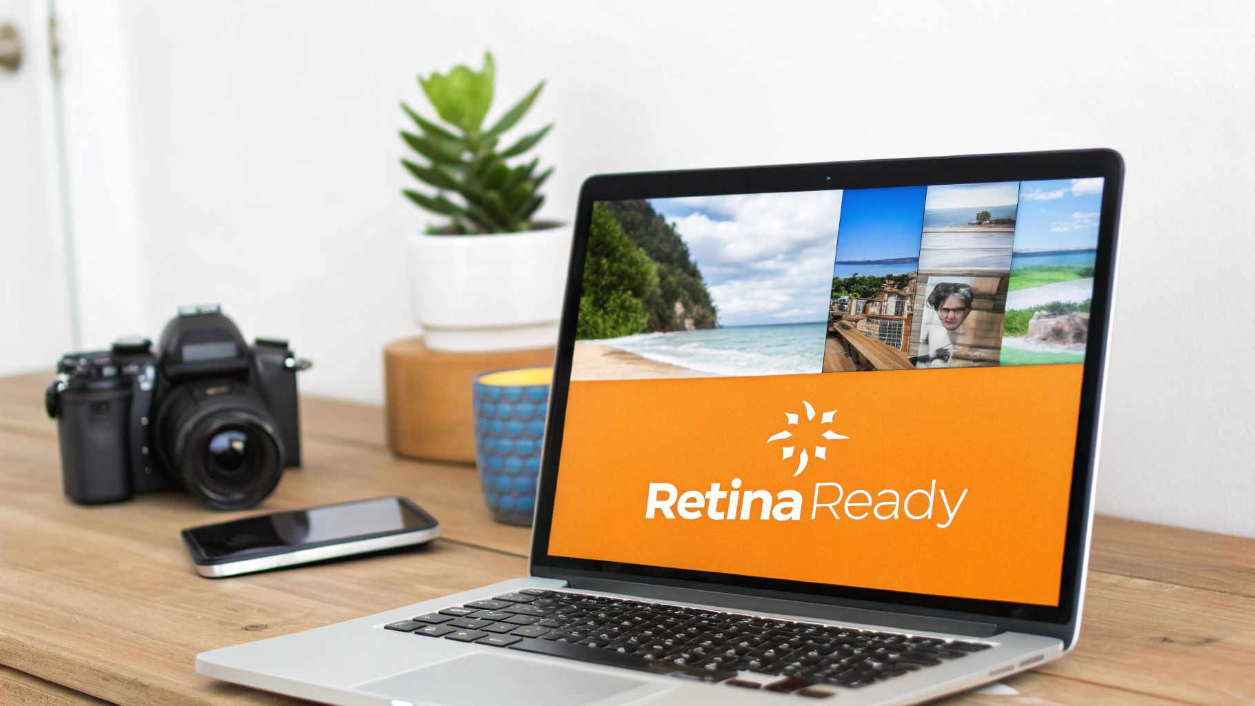 A laptop displaying 'Retina Ready' branding and various photos, alongside a camera, phone, and plant on a wooden desk.