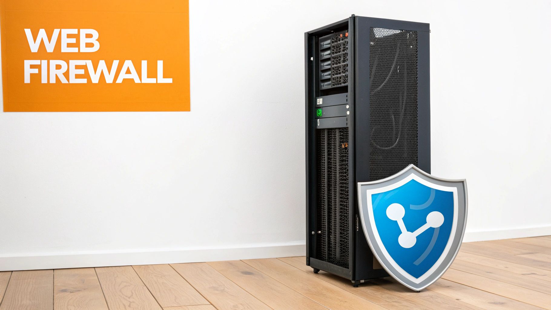 A server rack with a network security shield icon stands next to a 'WEB FIREWALL' sign.