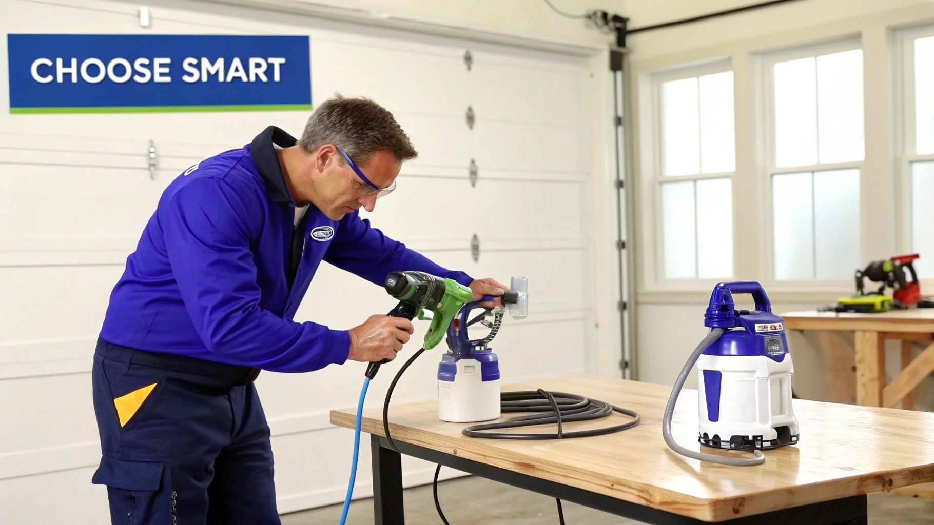 A man in safety glasses and a blue shirt prepares a green paint sprayer on a wooden workbench.