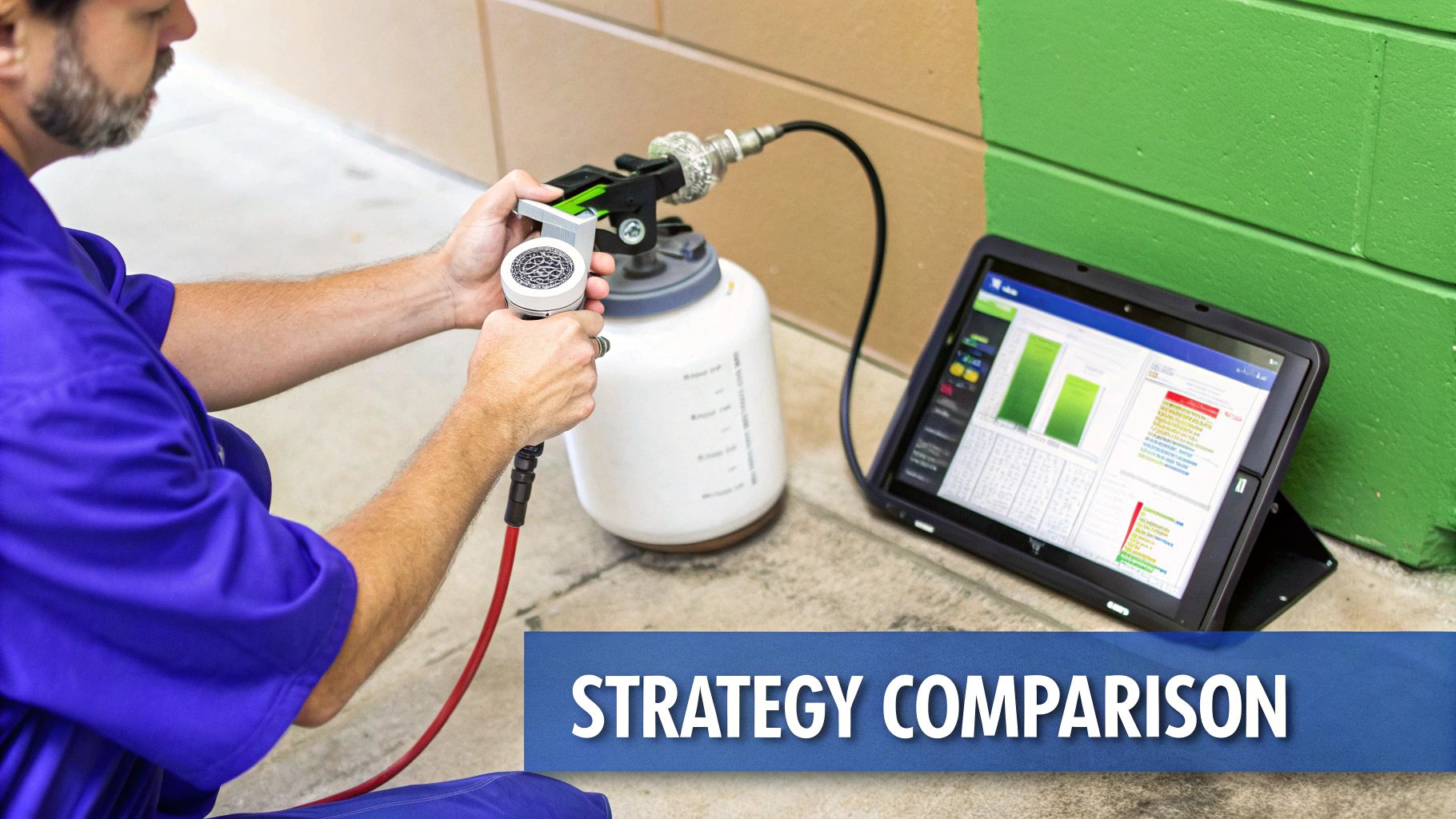 A person in blue uses equipment connected to a tablet displaying data, likely for maintenance.