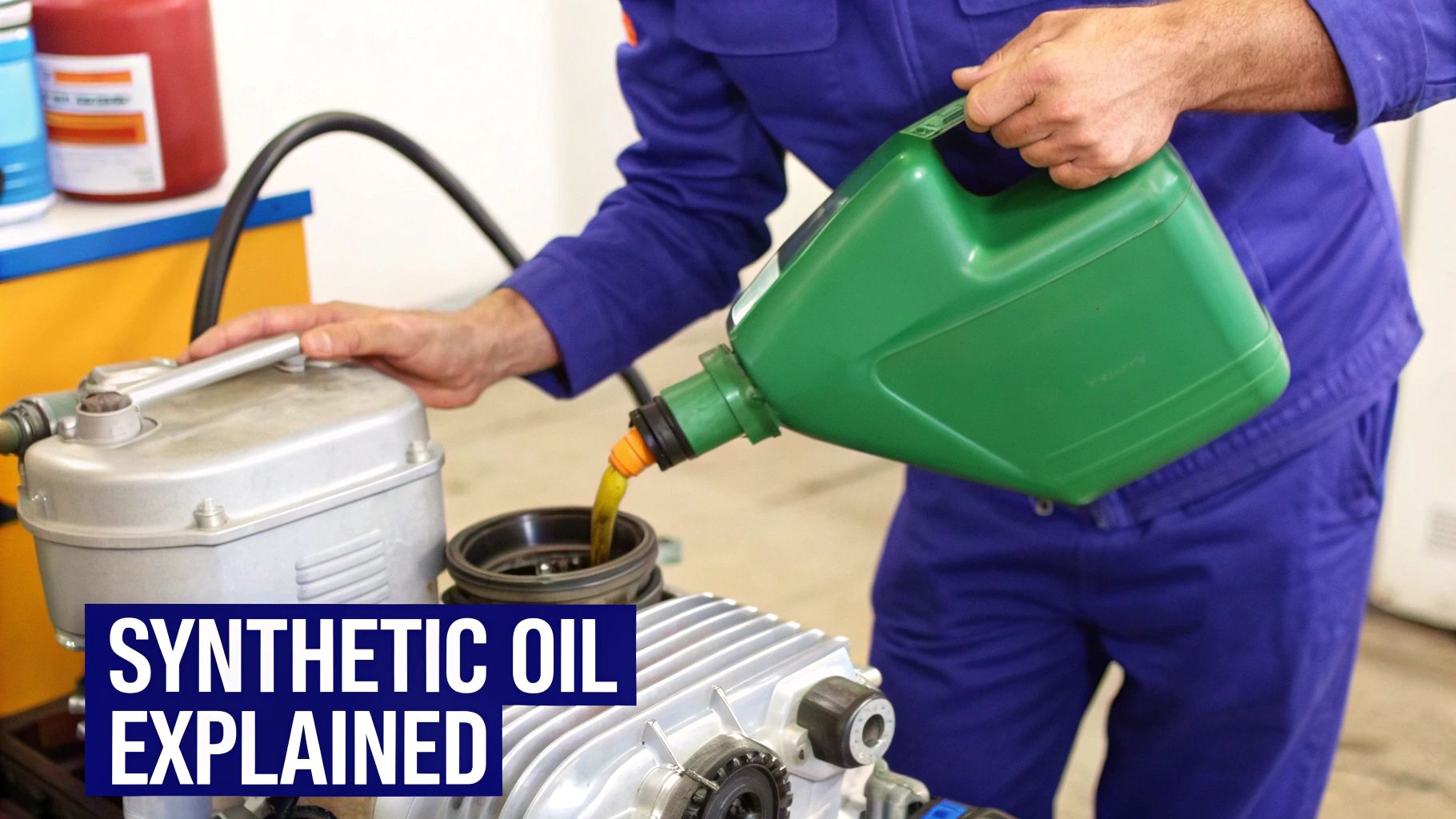 A person in blue overalls pours synthetic oil from a green container into an engine for explanation.