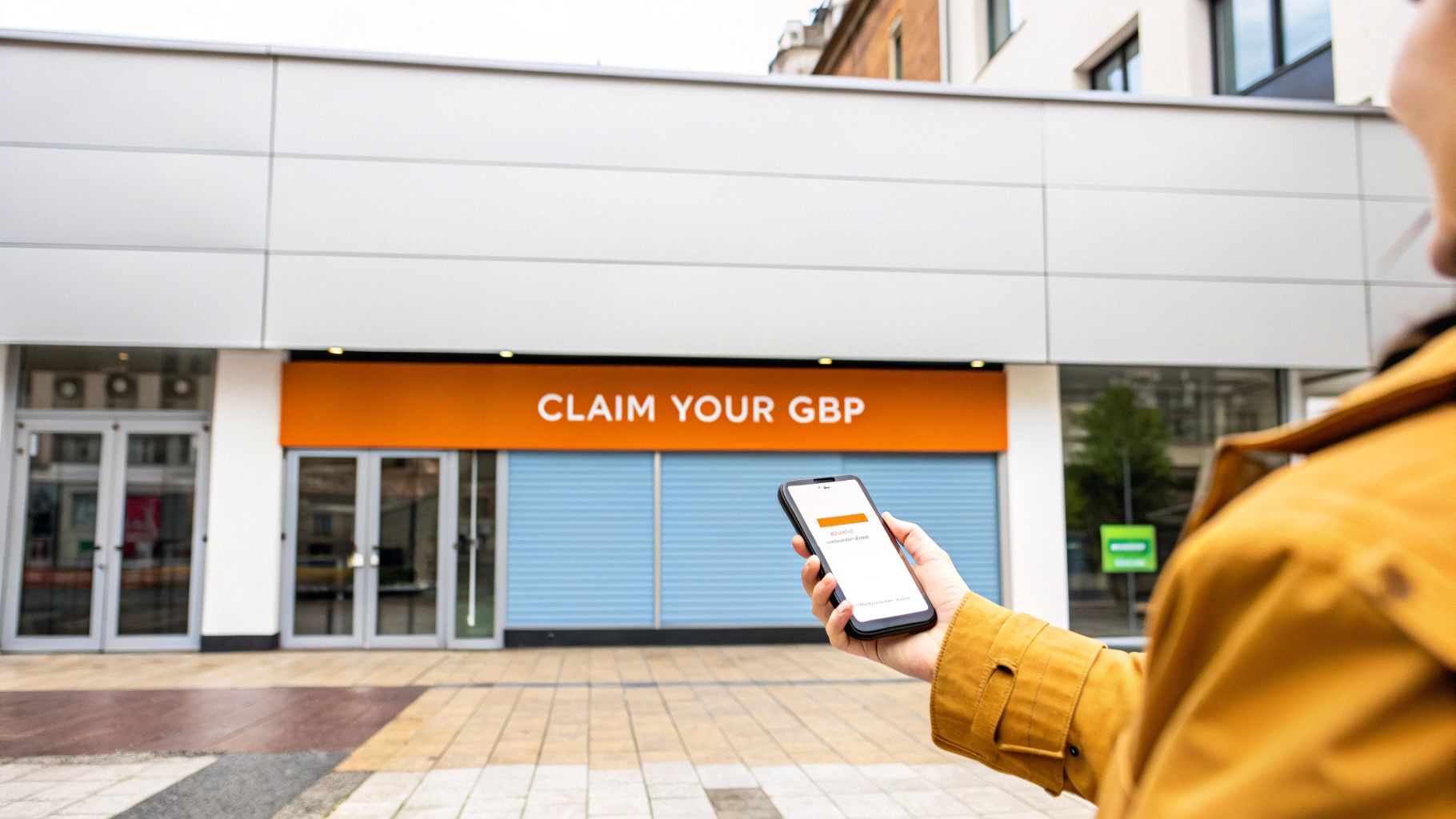 Person holding a smartphone outside a storefront with a prominent 'CLAIM YOUR GBP' sign.