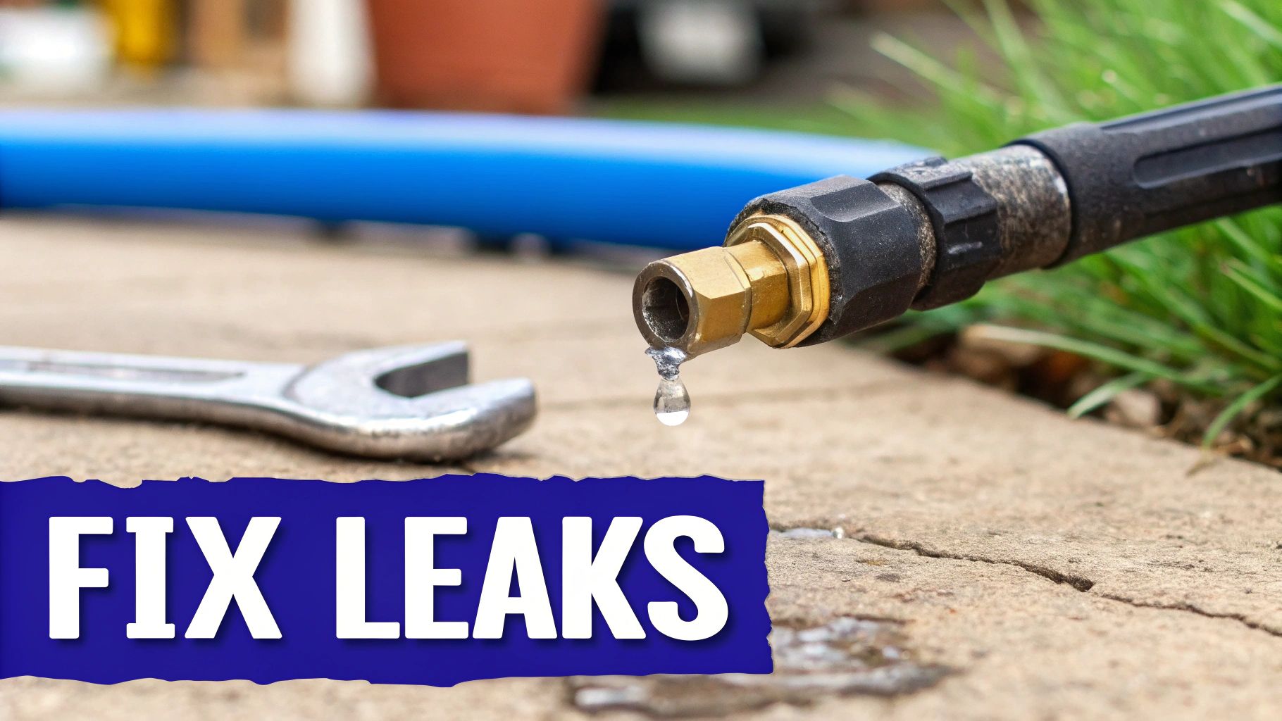 Close-up of a leaking pressure washer nozzle with a dripping water drop, a wrench, and text 'FIX LEAKS' on the ground.