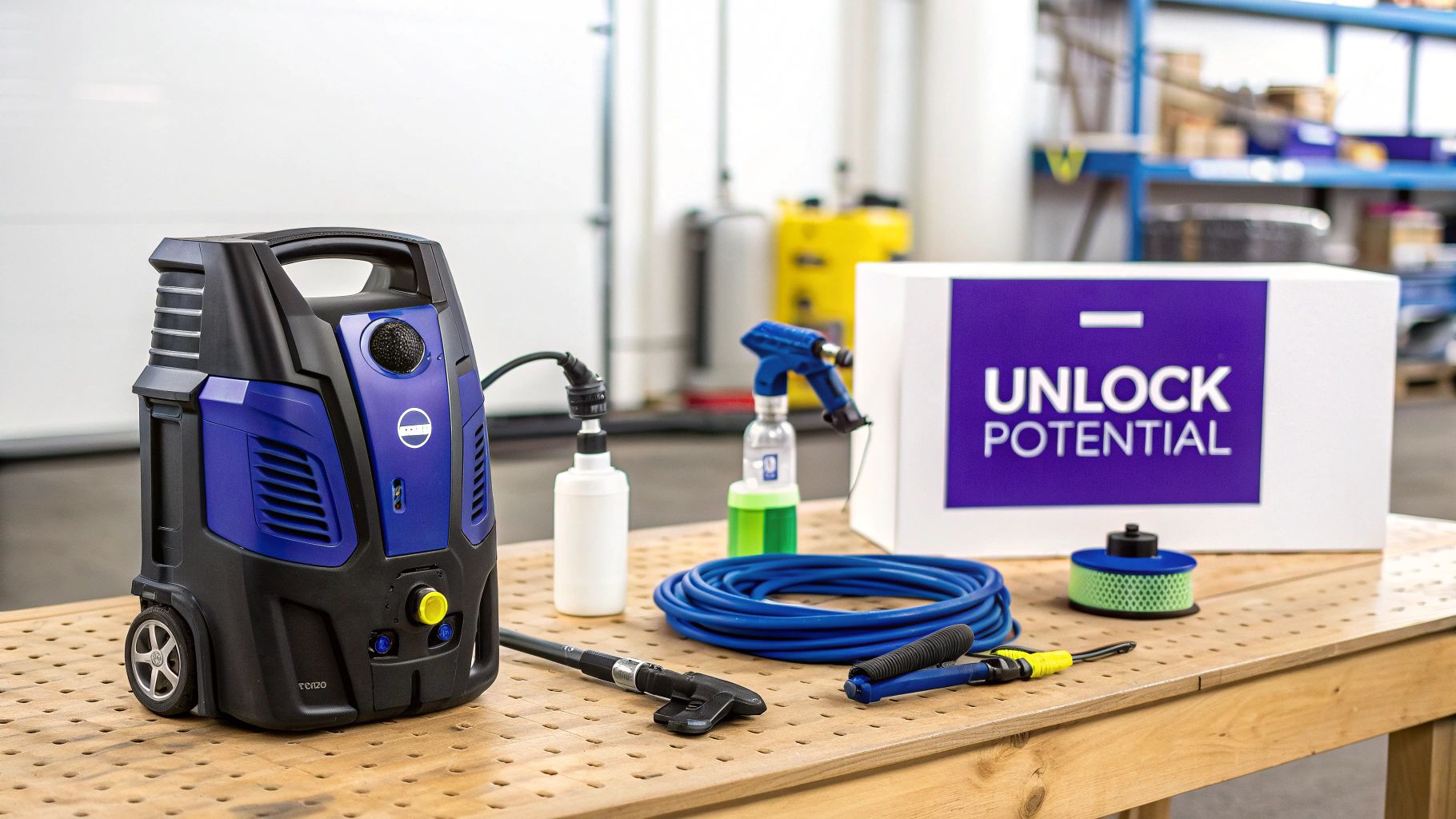 A blue and black pressure washer displayed with cleaning accessories, including a coiled hose and spray bottles, on a wooden table.