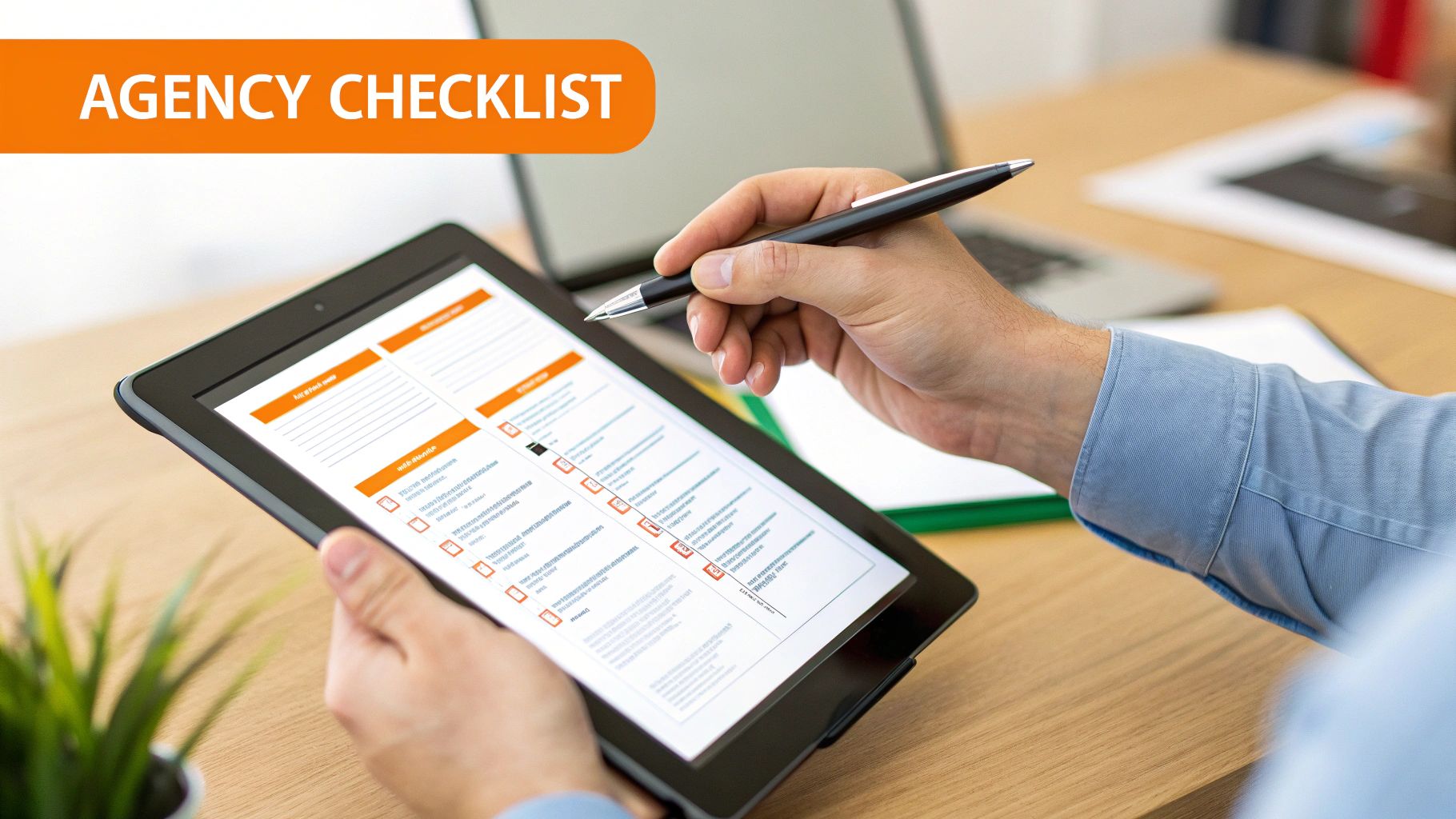 Person using a stylus to complete a digital agency checklist on a tablet screen.