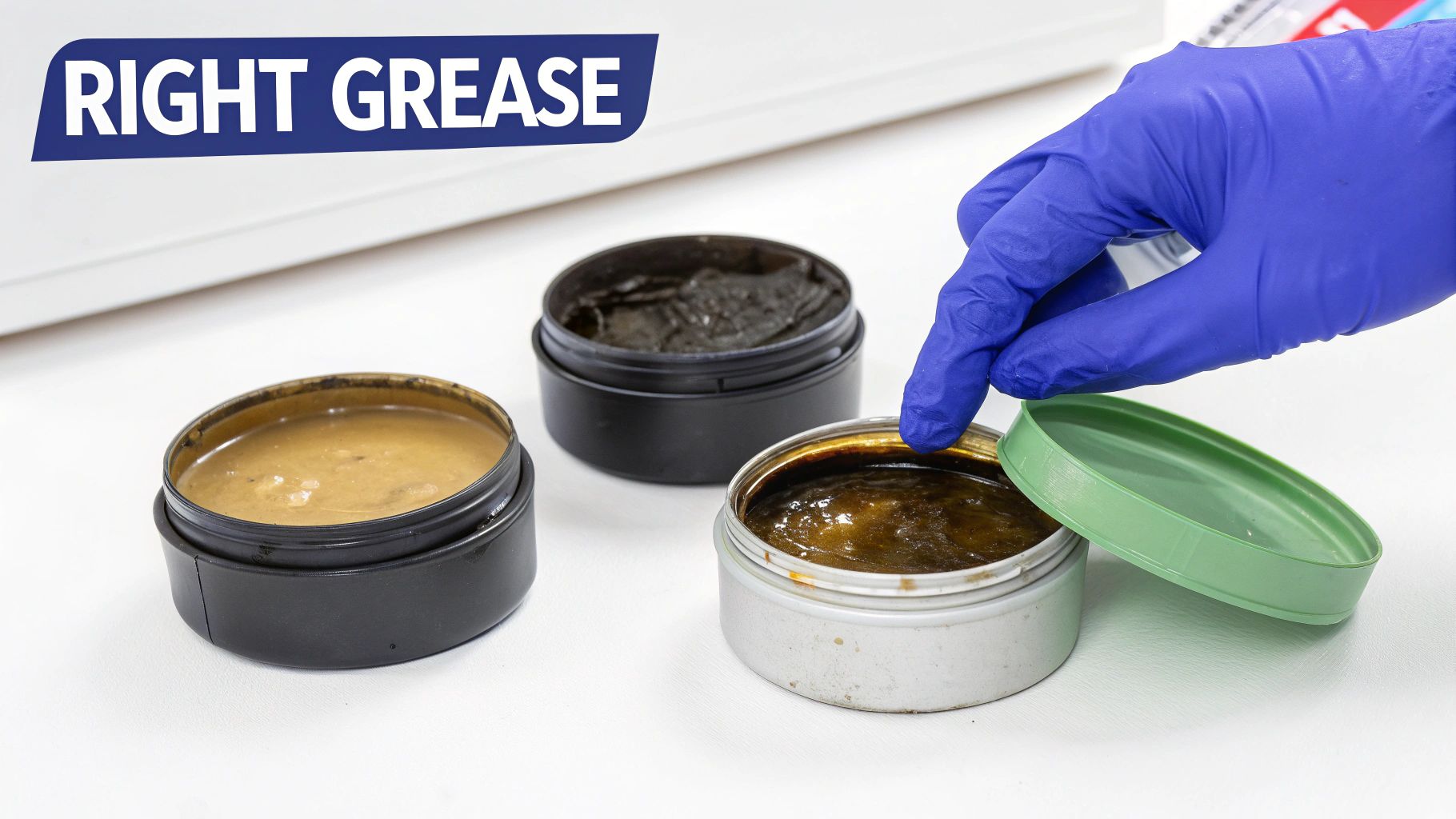 A gloved hand inspects three open containers showing different types of industrial grease samples.