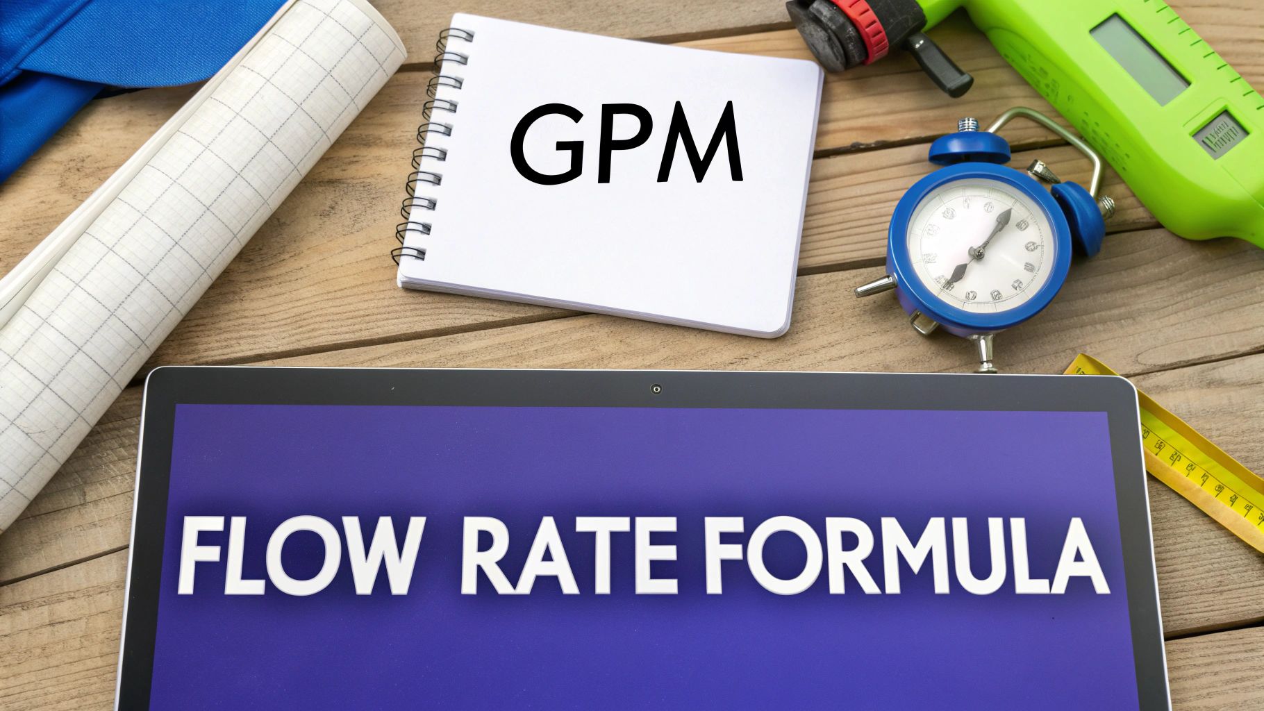 Flat lay of tools, a notepad with 'GPM', and a tablet displaying 'FLOW RATE FORMULA'.