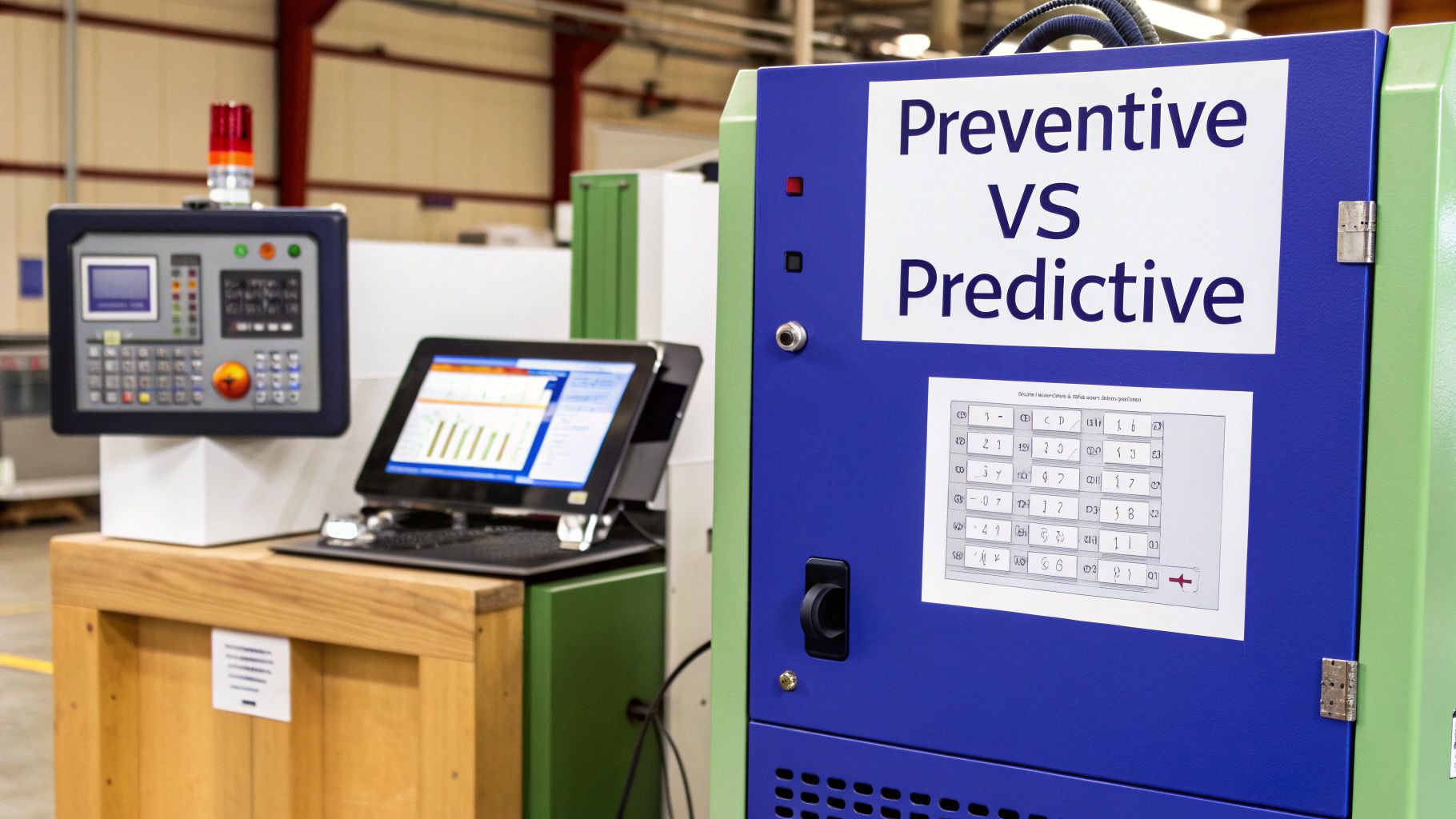 Industrial setting with control panels, a tablet showing data, and a sign discussing Preventive vs Predictive maintenance.