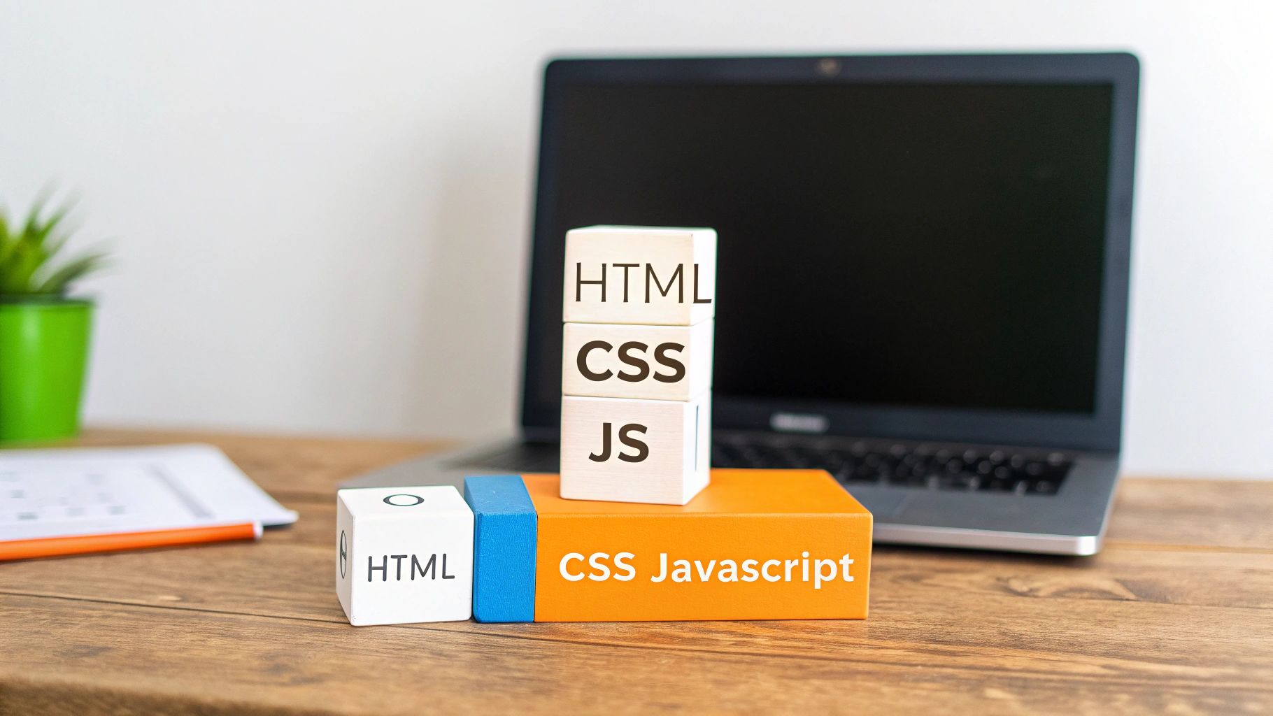 Wooden blocks displaying HTML, CSS, and JS next to a laptop on a wooden desk.