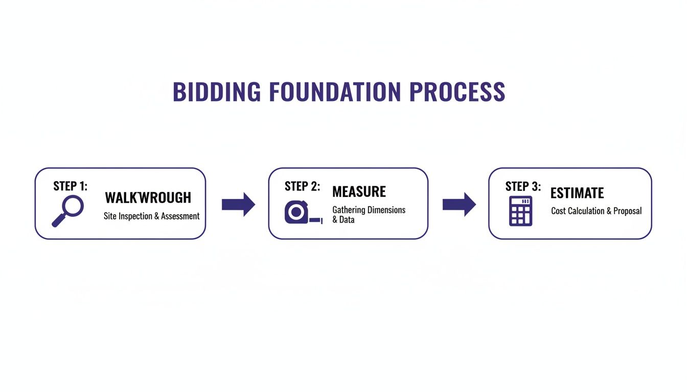 Infographic showing the bidding foundation process with three steps: walkthrough, measure, and estimate for projects.