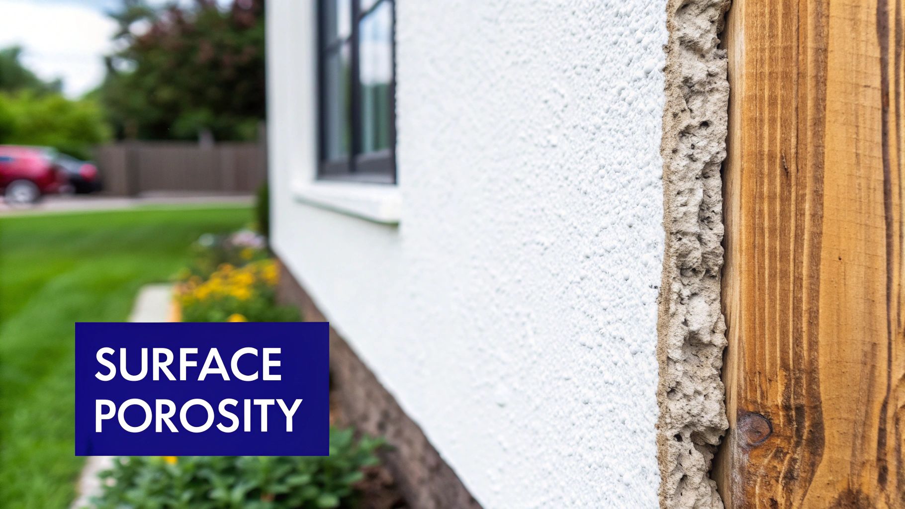 Close-up of a white textured wall and a wooden beam with a visible porous joint, illustrating surface porosity.
