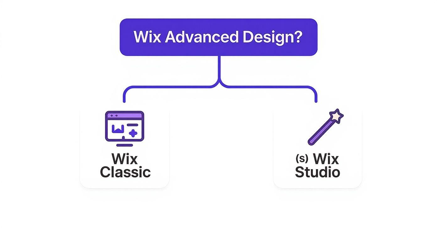 A diagram asking 'Wix Advanced Design?', showing two options: Wix Classic and Wix Studio platforms.