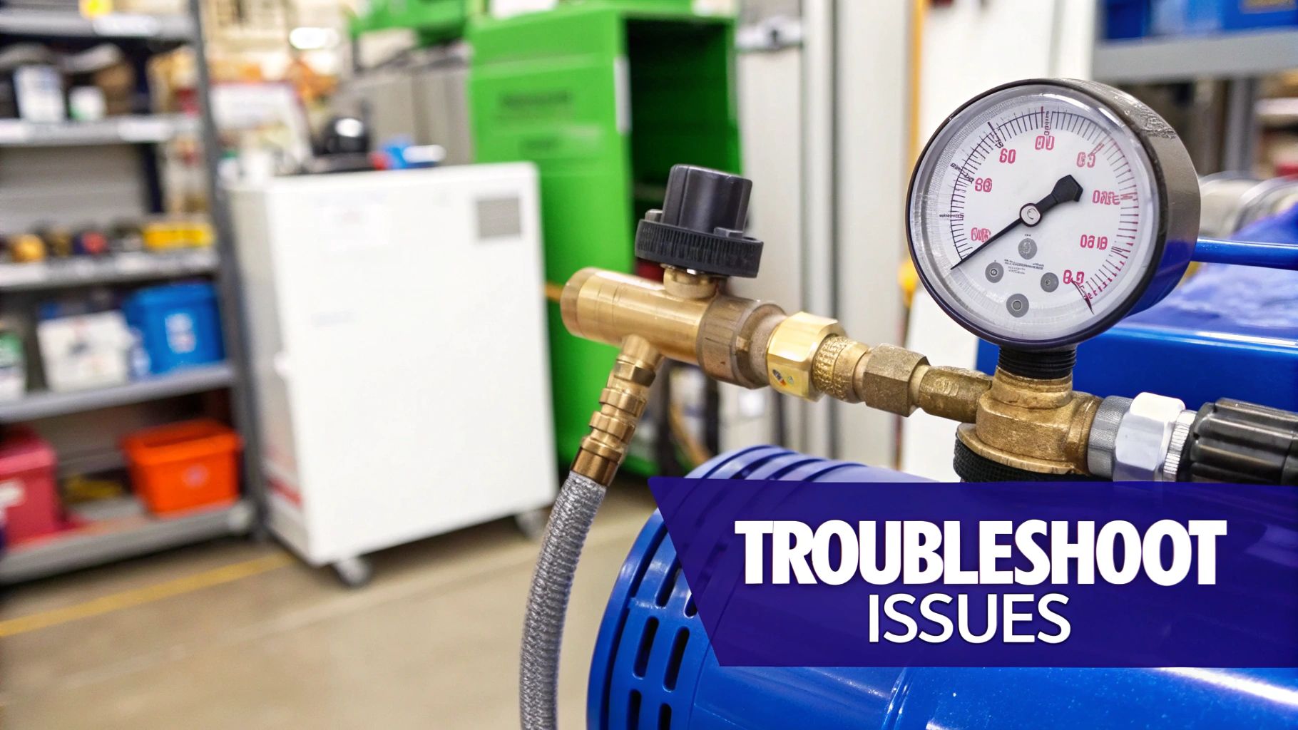 Close-up of a pressure gauge and brass fittings on an air compressor with 'Troubleshoot Issues' text.