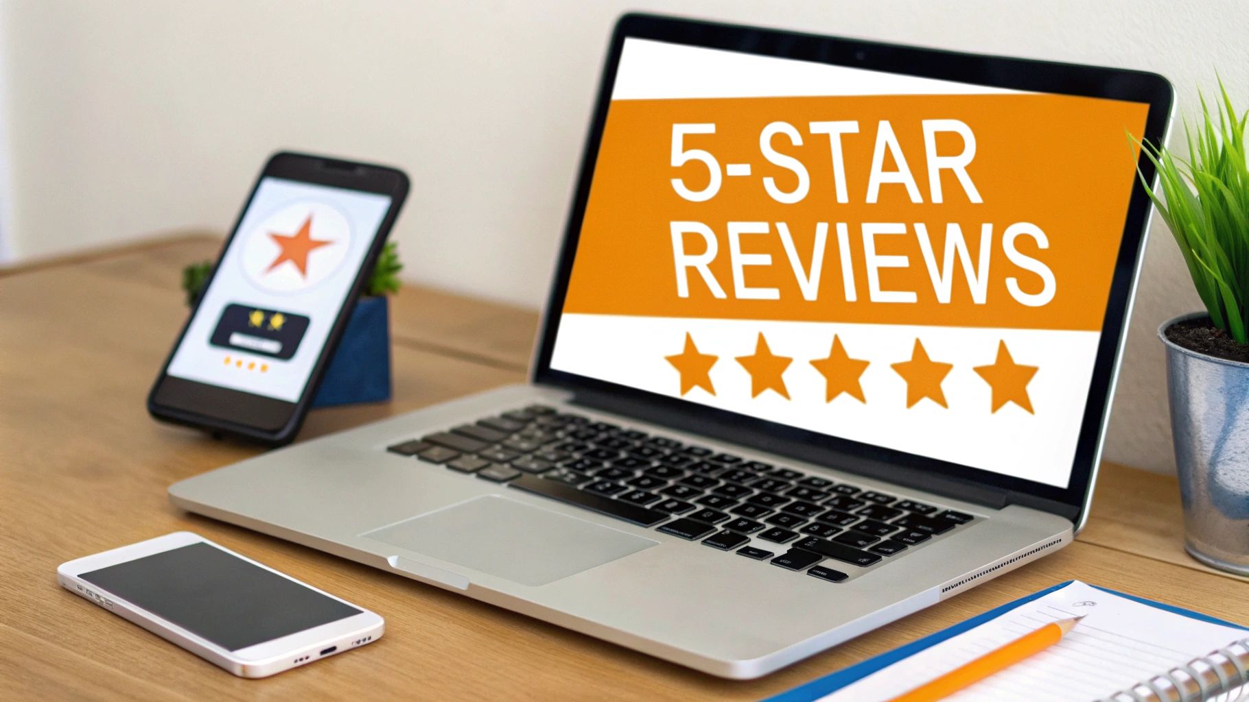 A laptop screen shows "5-STAR REVIEWS" and five stars, with smartphones and a plant on a desk.