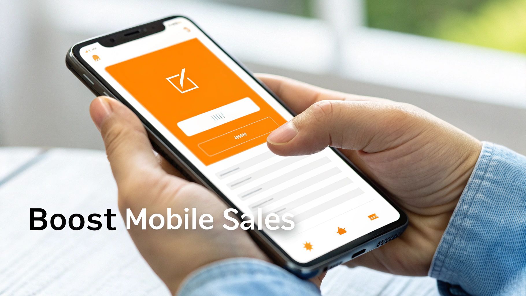 Hands holding a smartphone showing an orange app screen with a form, promoting mobile sales.