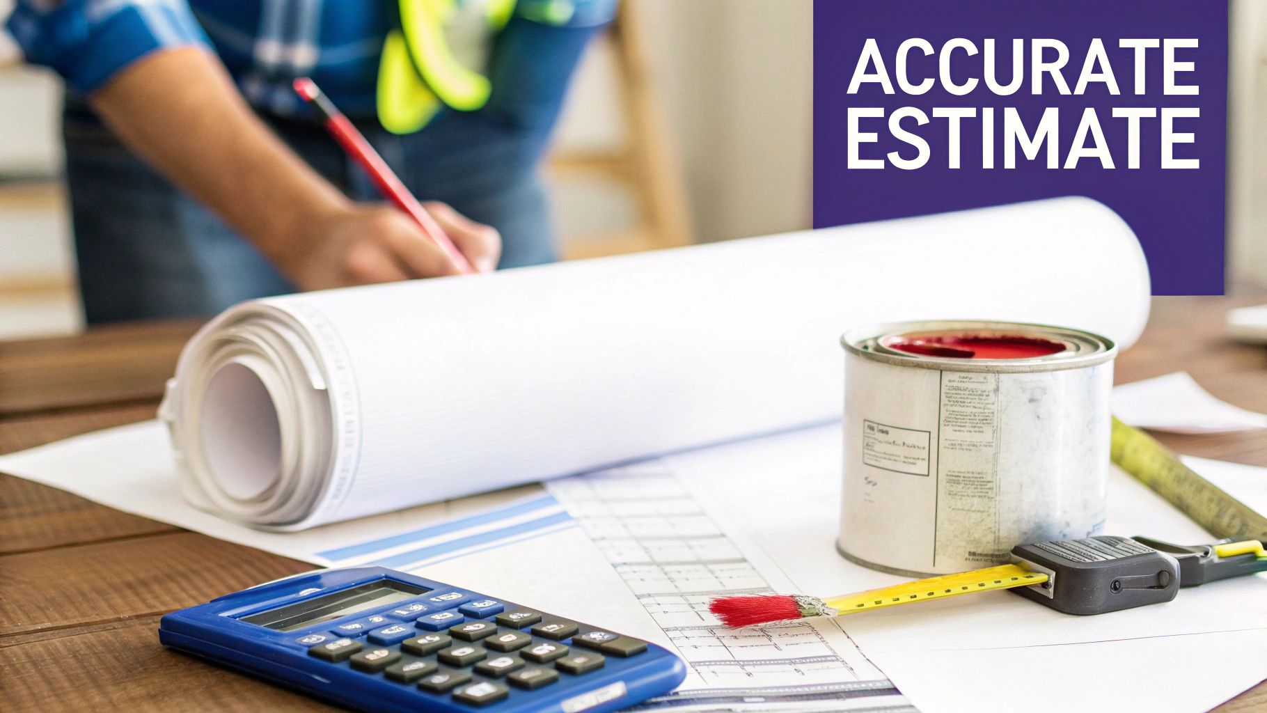 A person calculates paint coverage on blueprints with a calculator, paint can, and measuring tape.