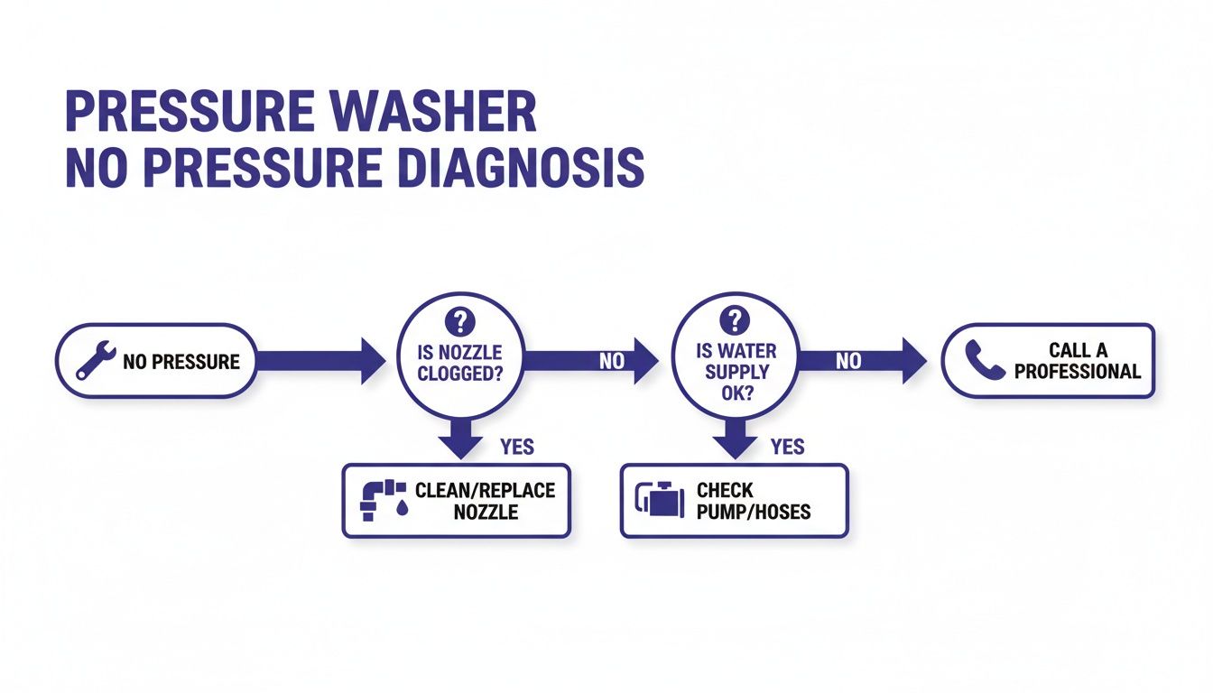 Flowchart for pressure washer no pressure diagnosis, checking nozzle, water supply, pump, and hoses.