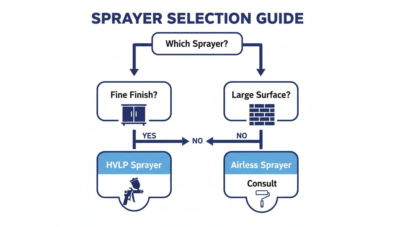 Sprayer selection guide flowchart illustrating choices between HVLP and Airless sprayers for different tasks.