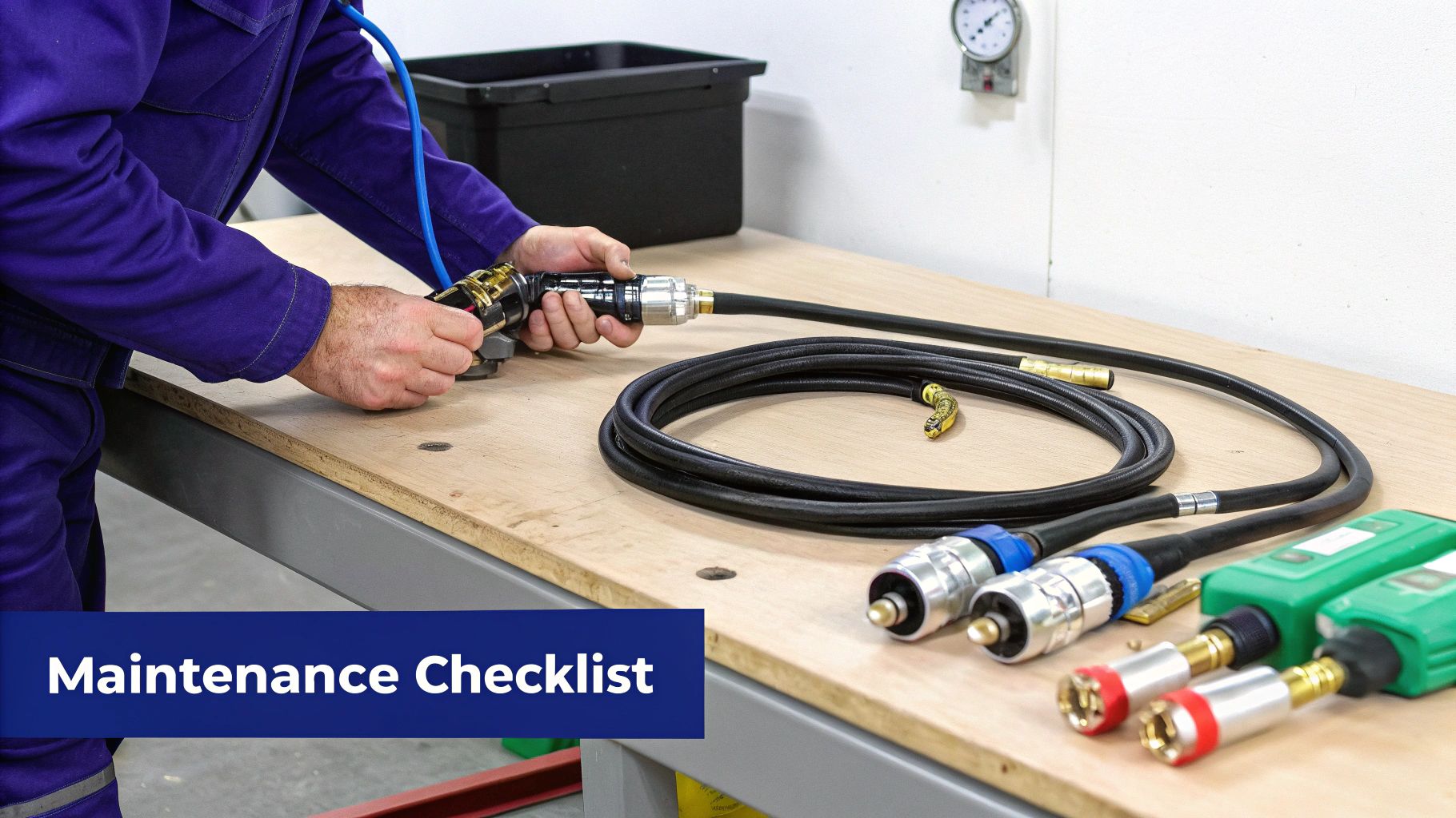 Worker maintaining pressure washer hose and accessories on a workbench, with a maintenance checklist.