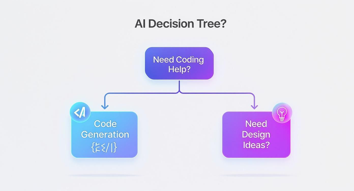 An AI decision tree flowchart showing options for coding help leading to code generation or design ideas.