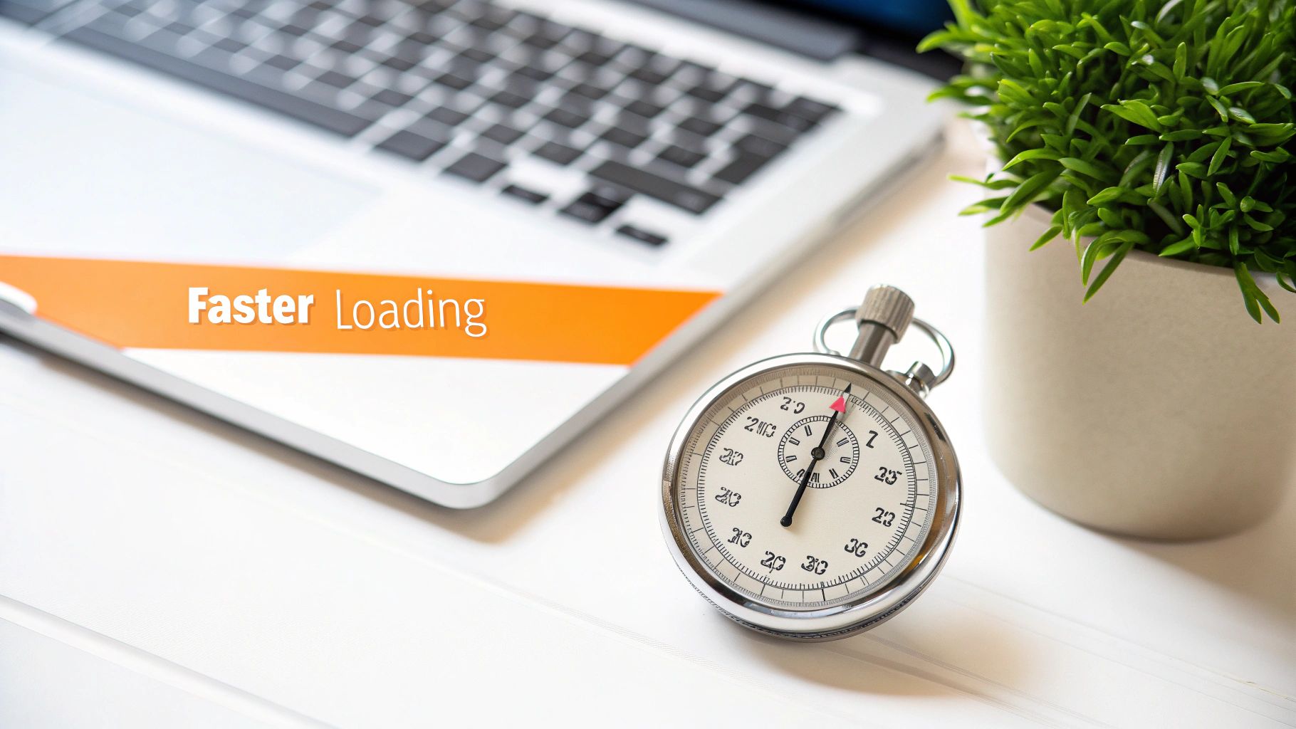 A stopwatch and laptop displaying 'Faster Loading' text, with a green plant on a white wooden desk.