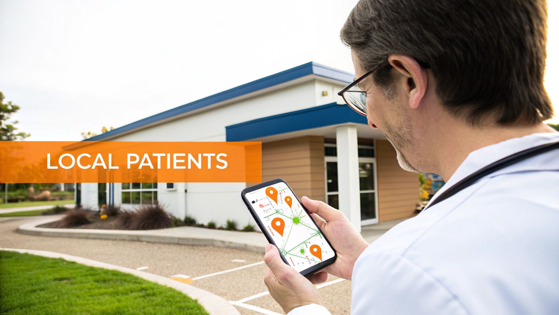 A doctor uses a smartphone to view a map with local patient locations outside a clinic.