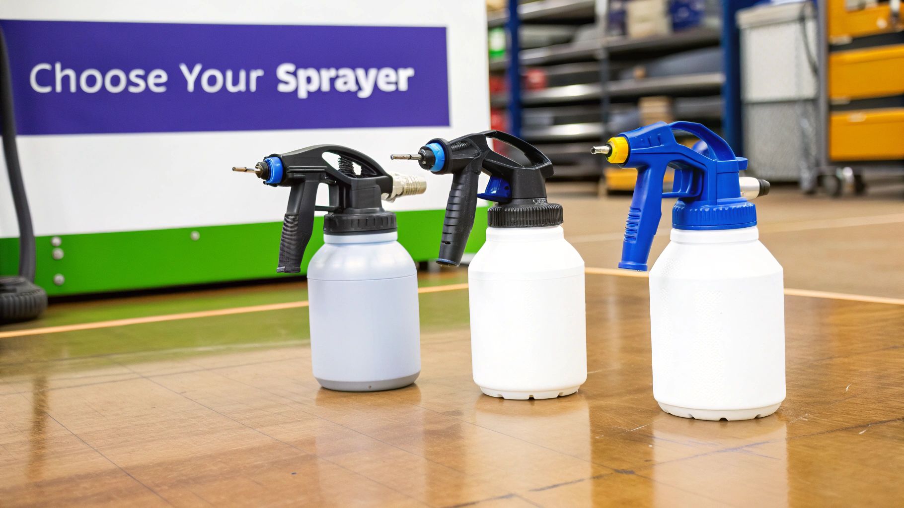 Three industrial spray guns with different trigger mechanisms, displayed on a wooden floor.